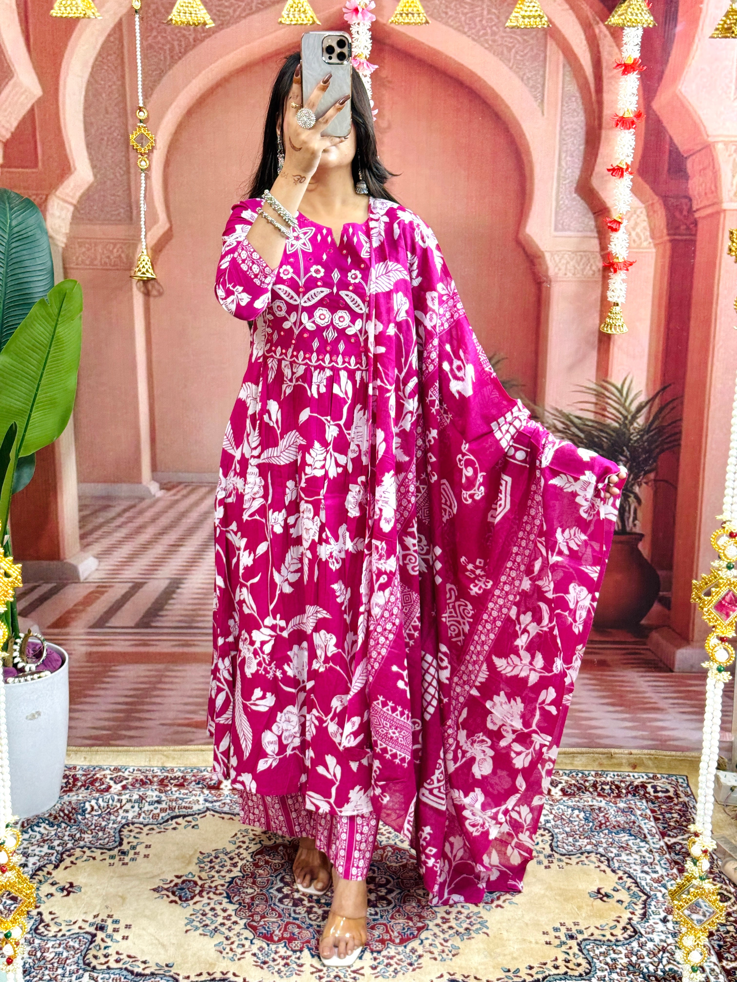 Women Flower Printed and Panel Embroidered Anarkali Style Pink Cotton Kurta and Pant and Dupatta