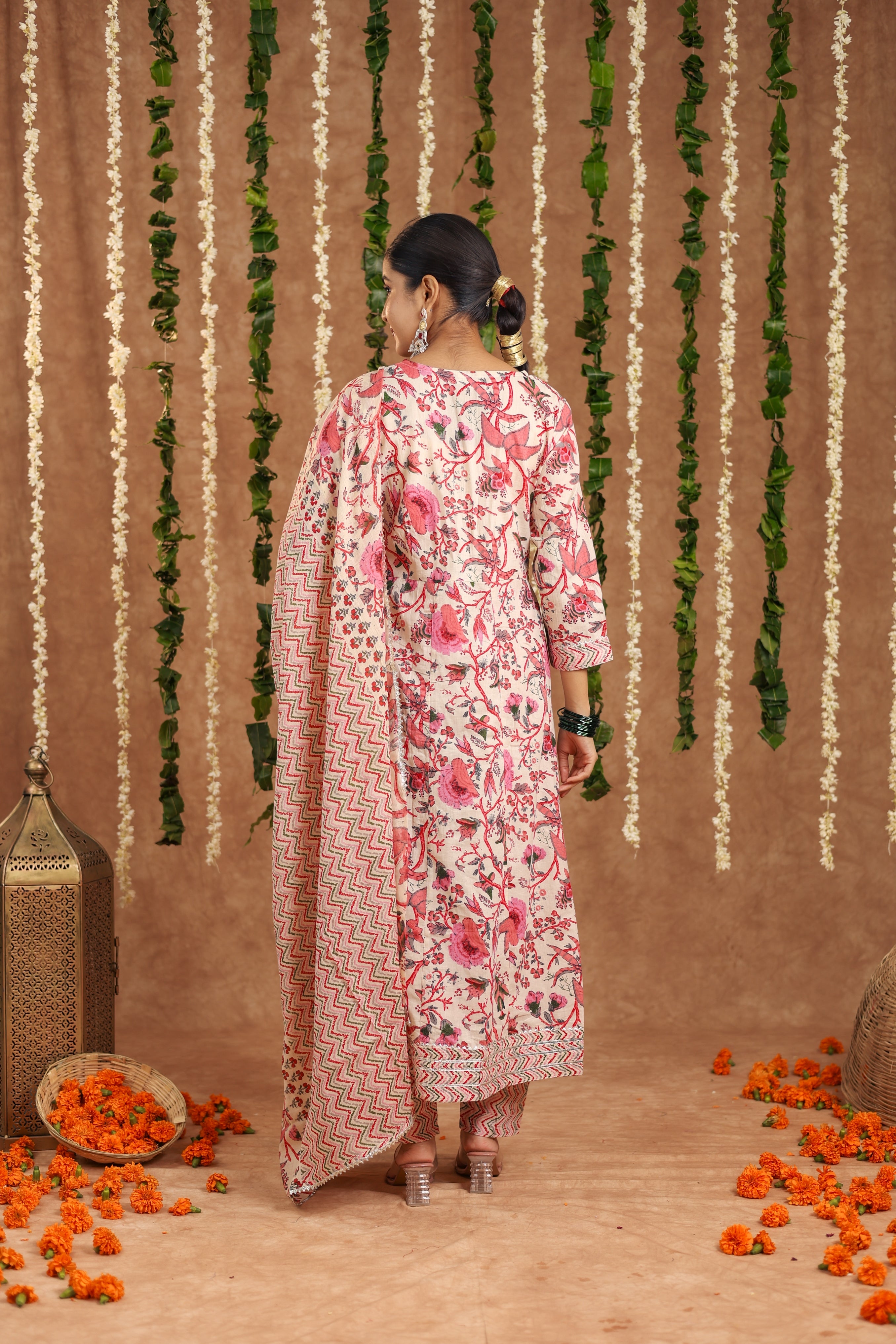 Multicolor Flared Cotton Flower Printed Kurti With Pant And Dupatta For Women