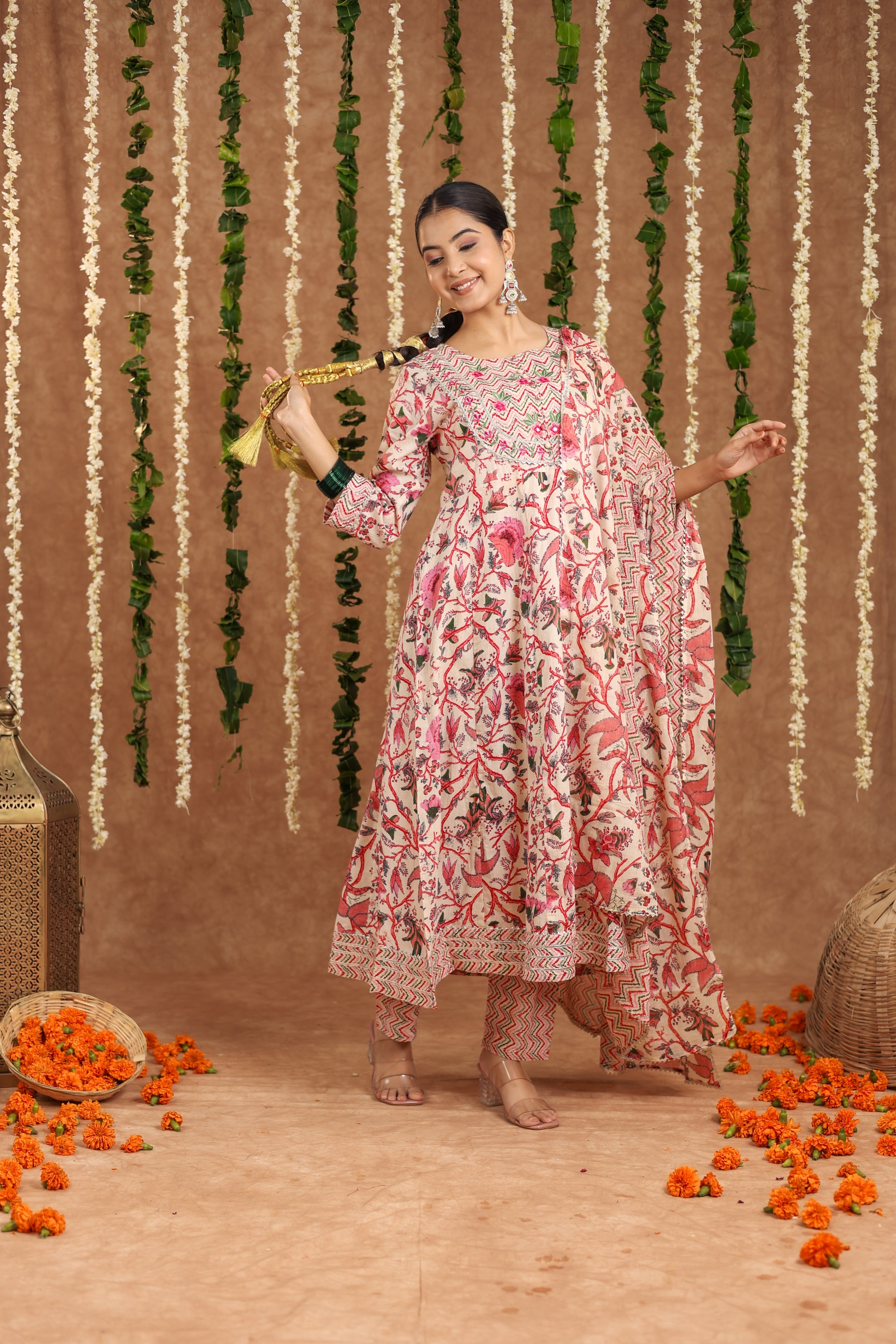 Multicolor Flared Cotton Flower Printed Kurti With Pant And Dupatta For Women