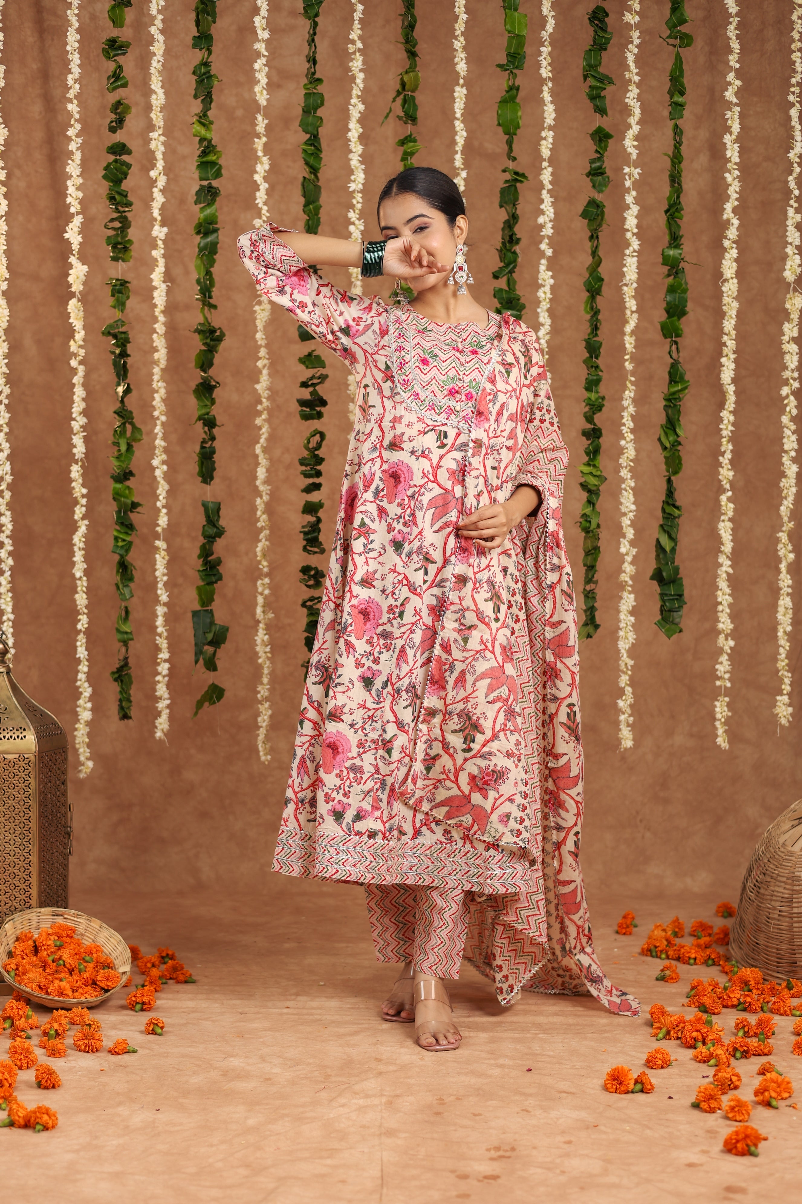 Multicolor Flared Cotton Flower Printed Kurti With Pant And Dupatta For Women
