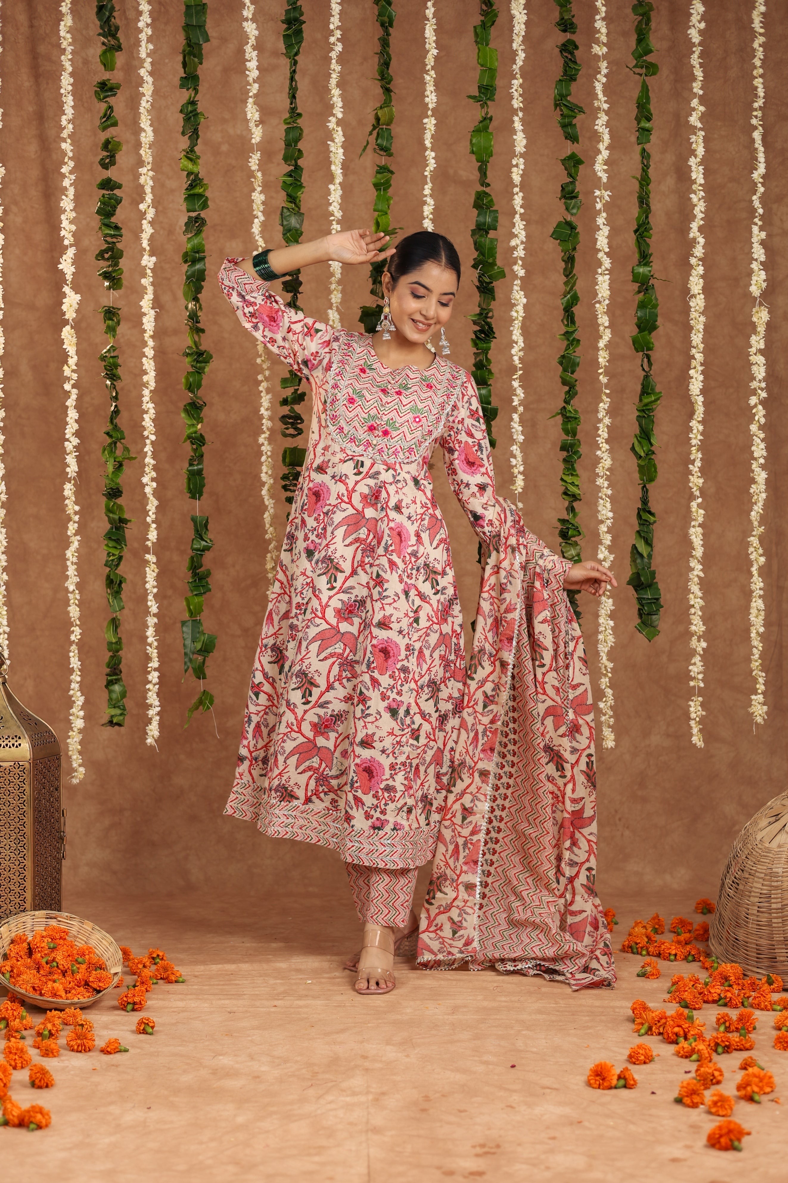 Multicolor Flared Cotton Flower Printed Kurti With Pant And Dupatta For Women