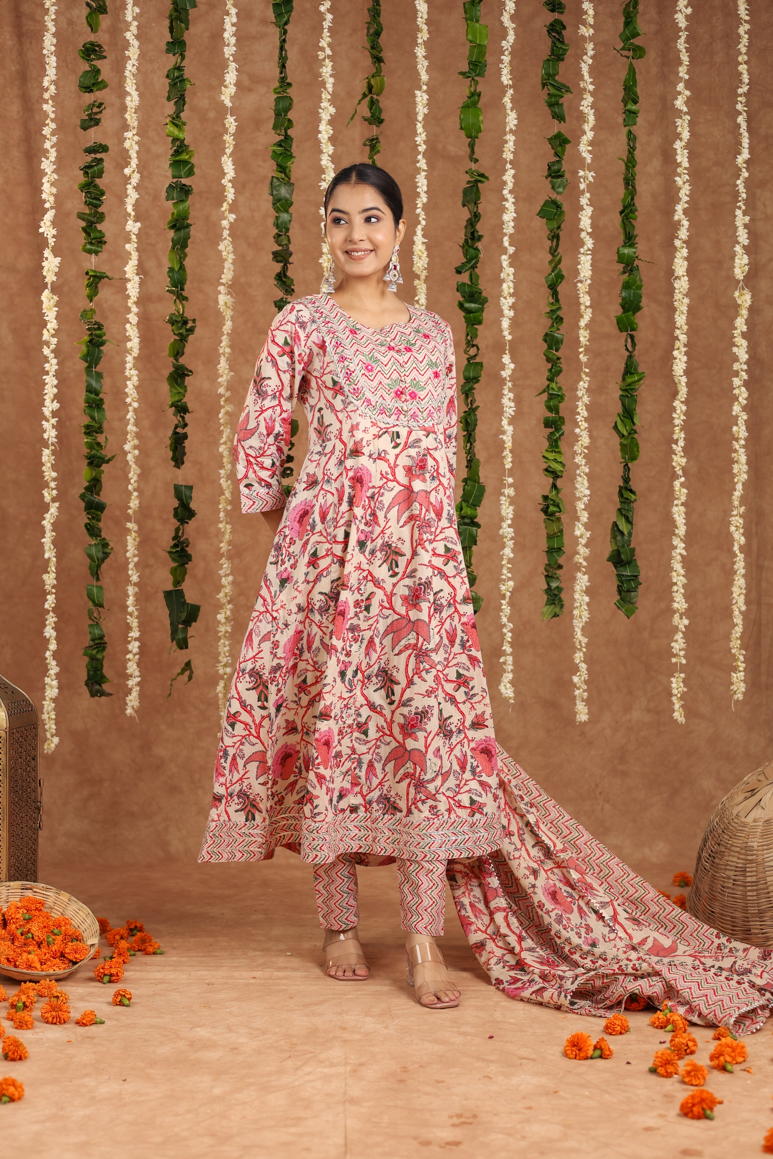 Multicolor Flared Cotton Flower Printed Kurti With Pant And Dupatta For Women