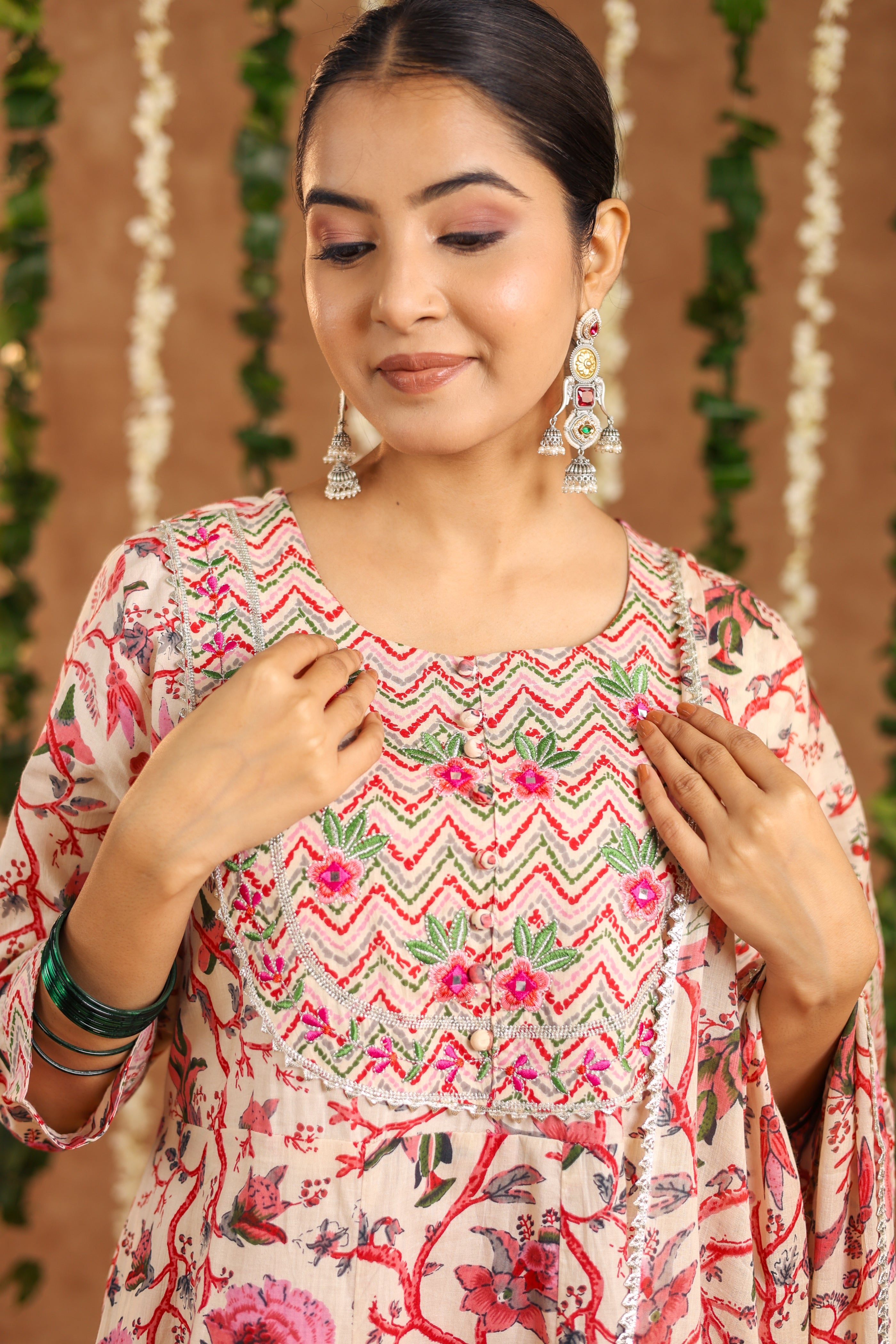 Multicolor Flared Cotton Flower Printed Kurti With Pant And Dupatta For Women