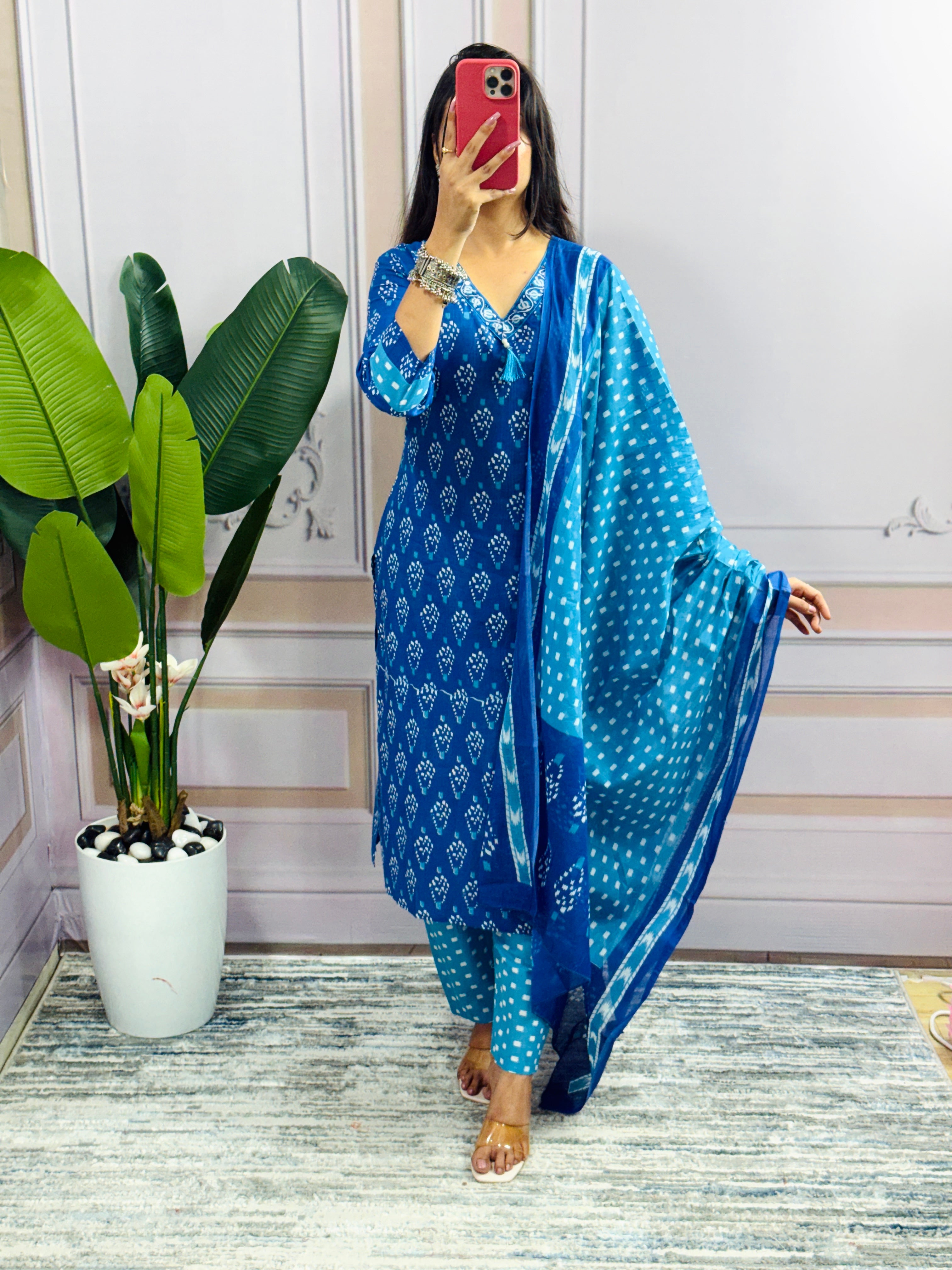 Women Designer Rich Cotton Floral Printed Blue Kurta and Pant With Dupatta