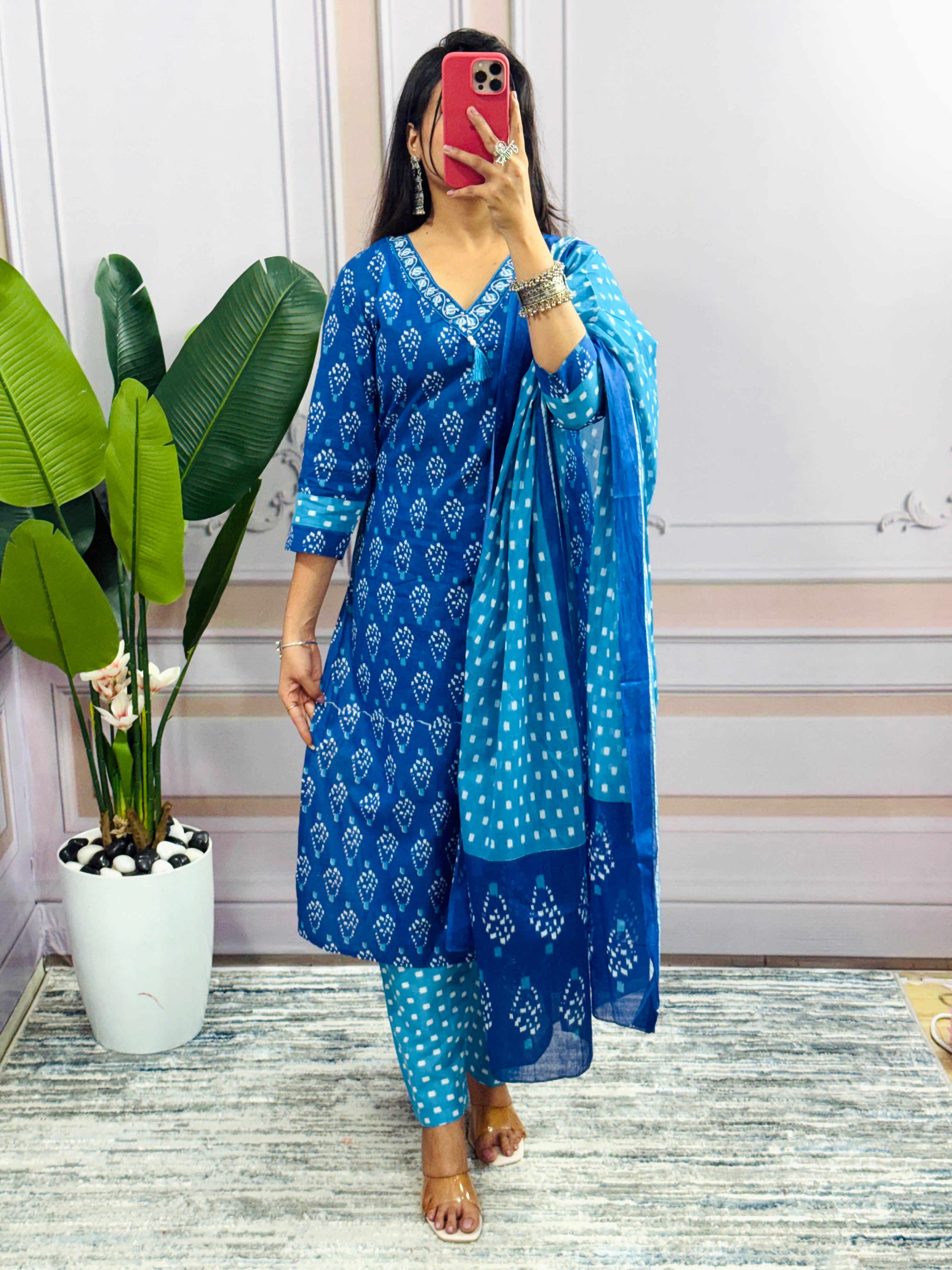 Women Designer Rich Cotton Floral Printed Blue Kurta and Pant With Dupatta
