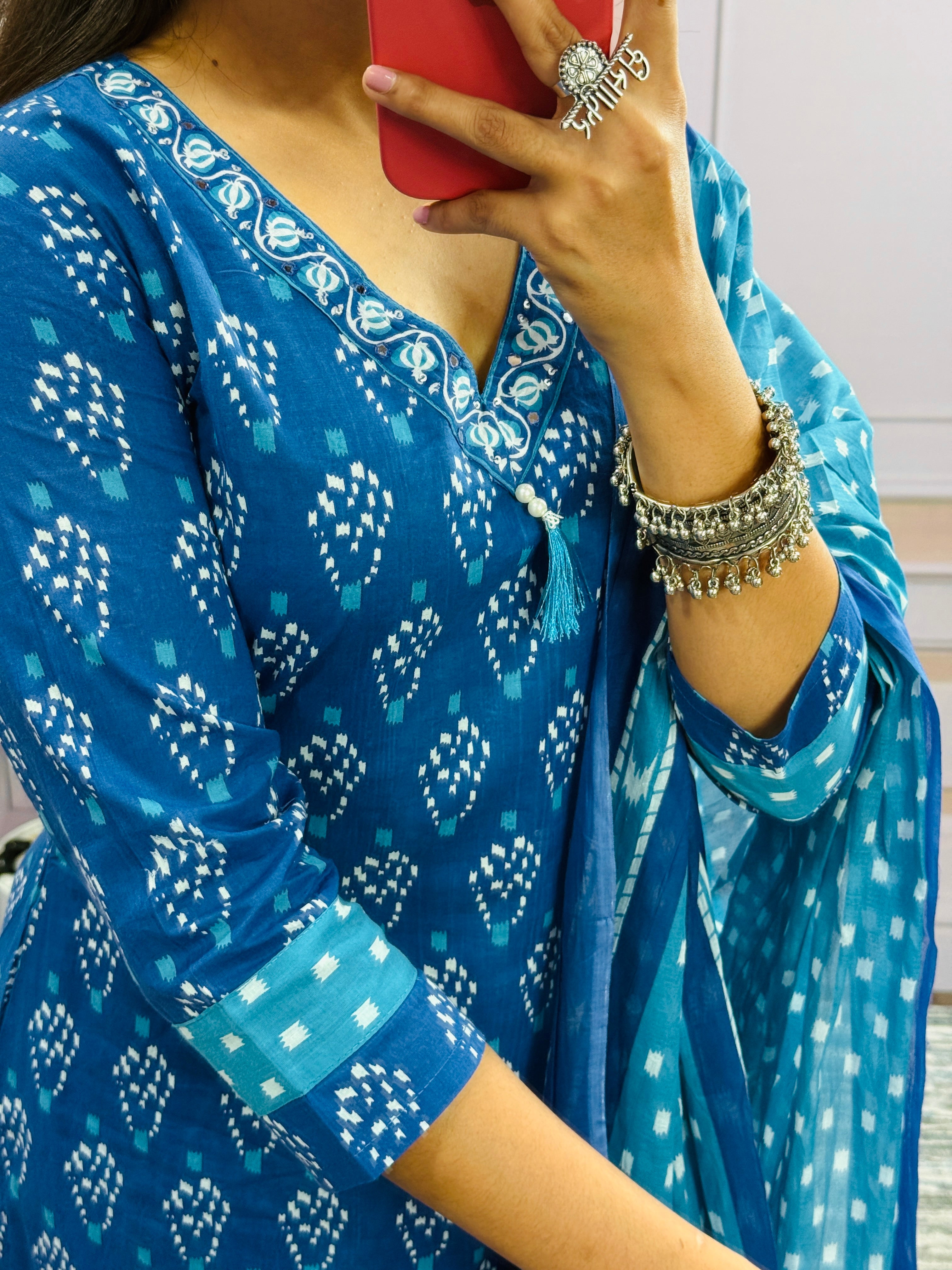 Women Designer Rich Cotton Floral Printed Blue Kurta and Pant With Dupatta