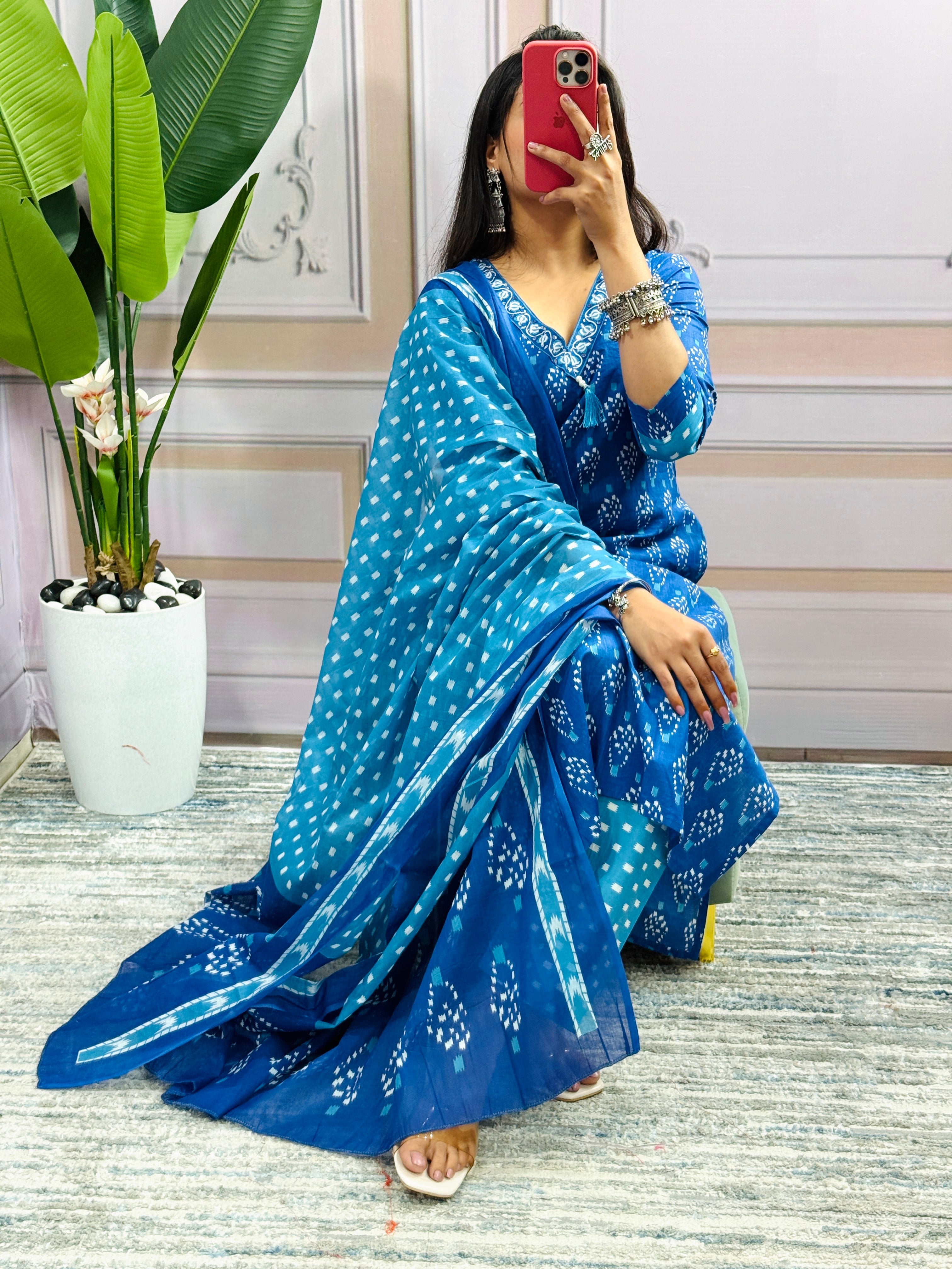 Women Designer Rich Cotton Floral Printed Blue Kurta and Pant With Dupatta