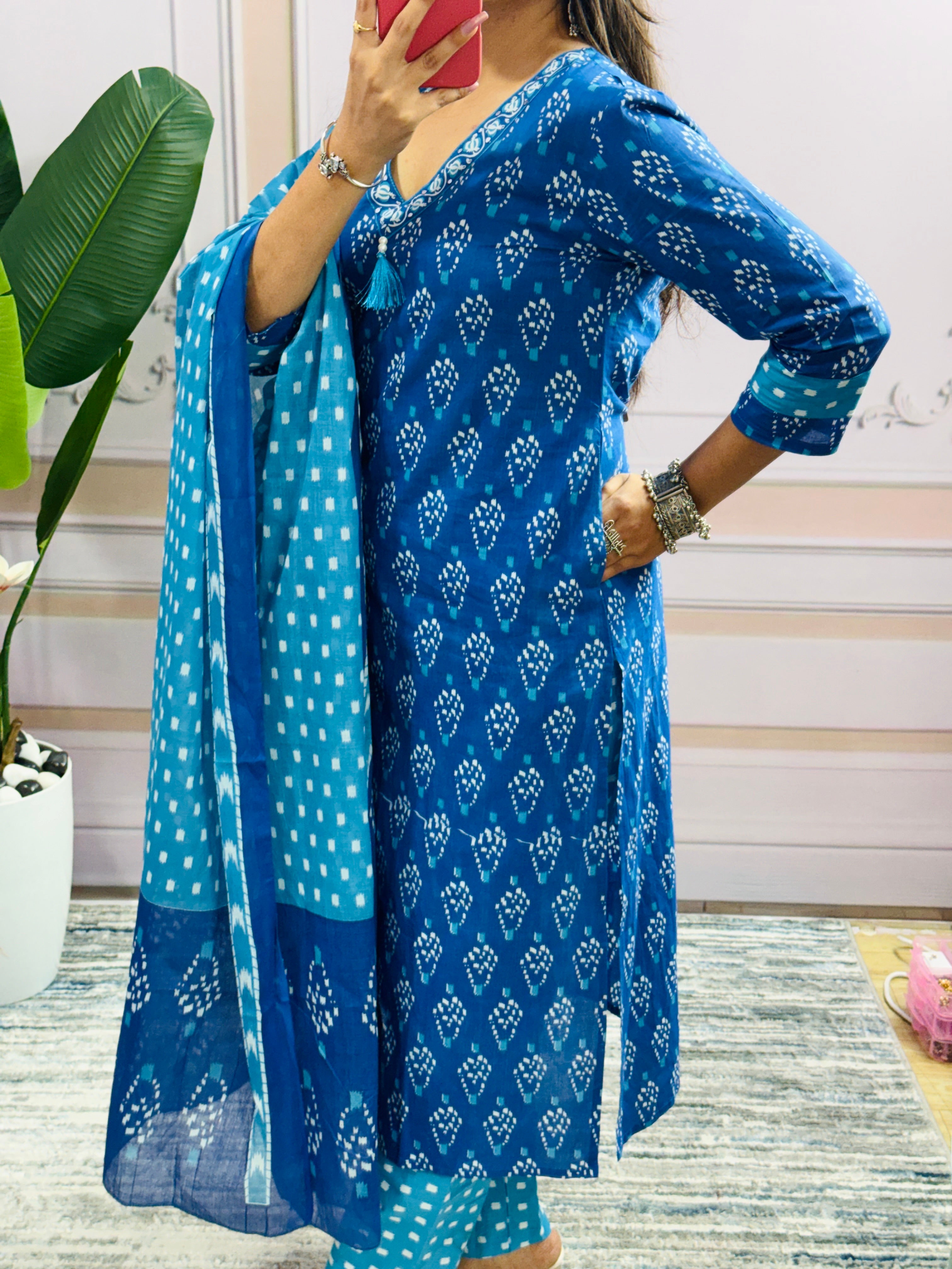 Women Designer Rich Cotton Floral Printed Blue Kurta and Pant With Dupatta