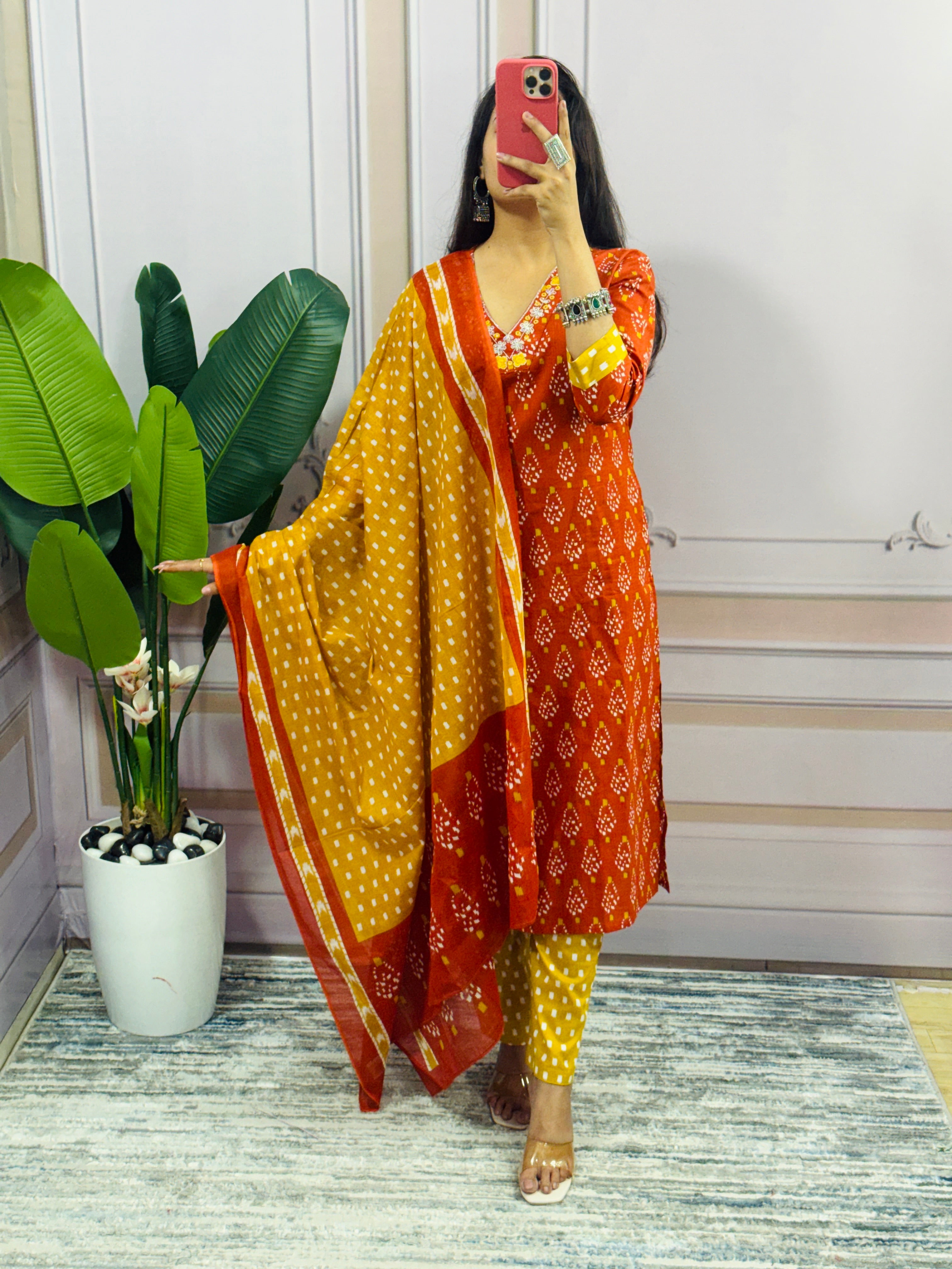 Women Designer Rich Cotton Floral Printed Orange Yellow Kurta and Pant With Dupatta
