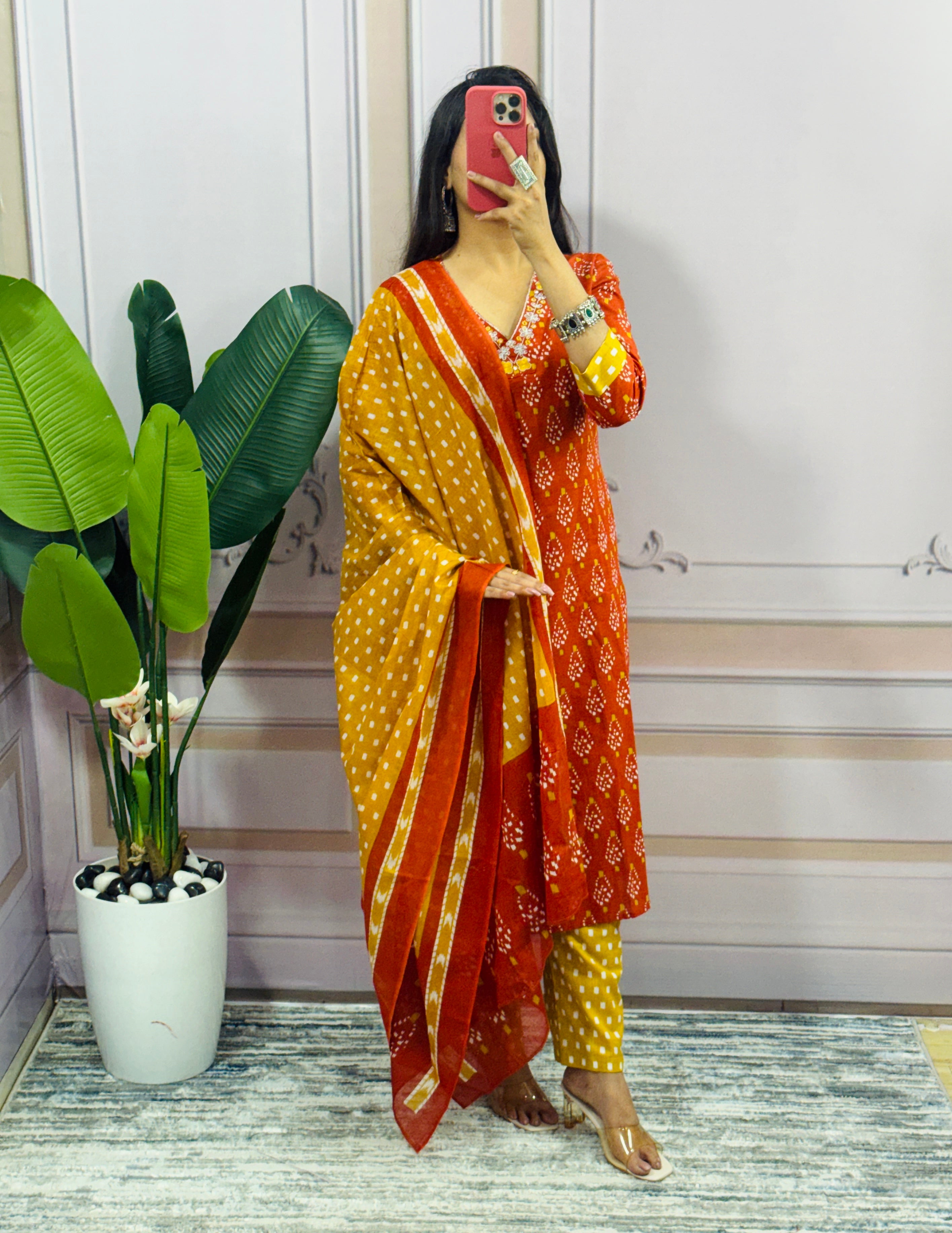 Women Designer Rich Cotton Floral Printed Orange Yellow Kurta and Pant With Dupatta