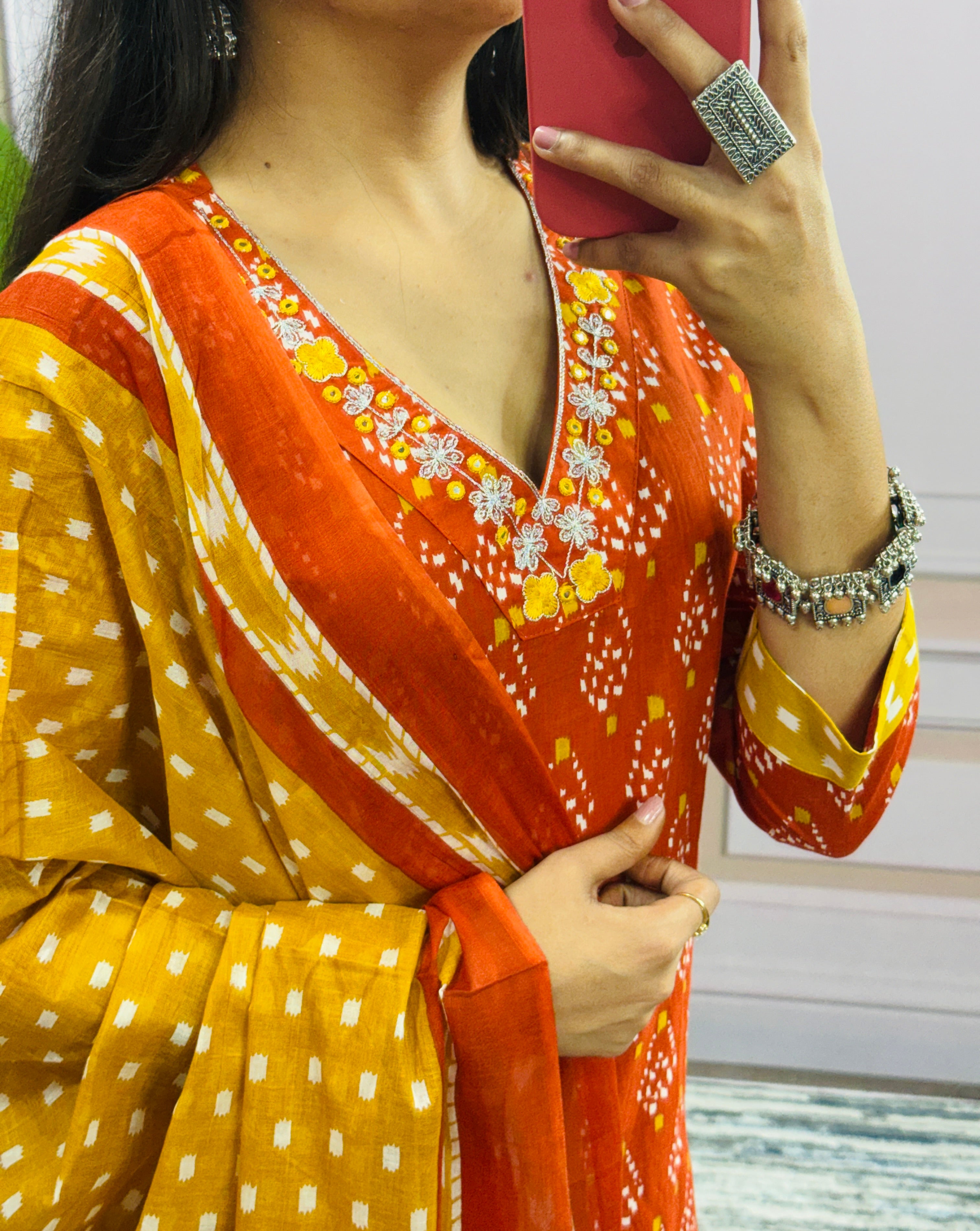 Women Designer Rich Cotton Floral Printed Orange Yellow Kurta and Pant With Dupatta