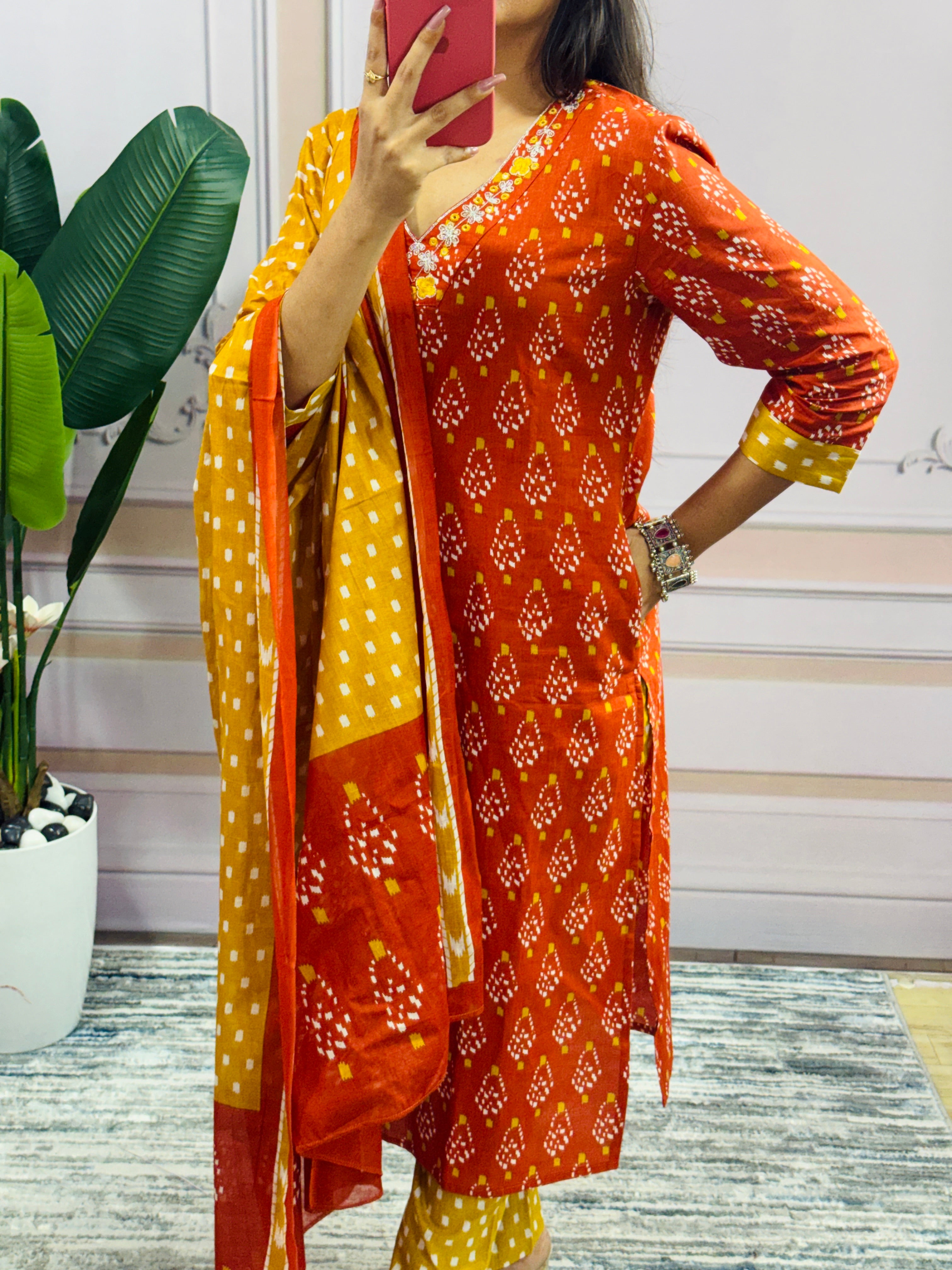 Women Designer Rich Cotton Floral Printed Orange Yellow Kurta and Pant With Dupatta
