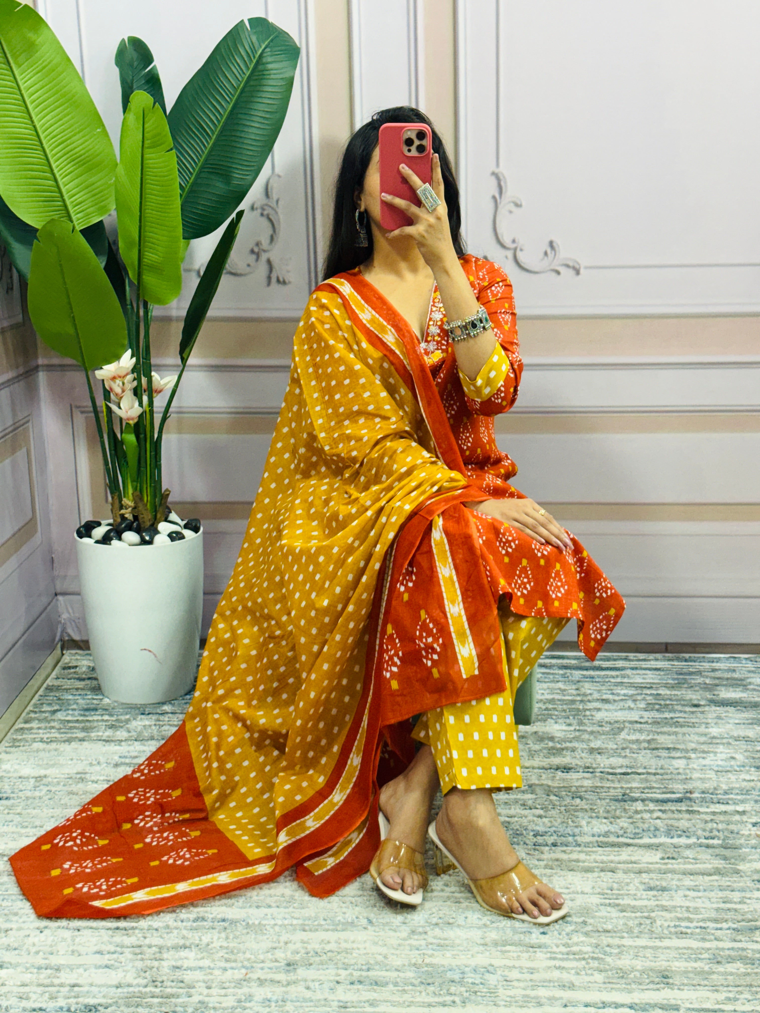 Women Designer Rich Cotton Floral Printed Orange Yellow Kurta and Pant With Dupatta