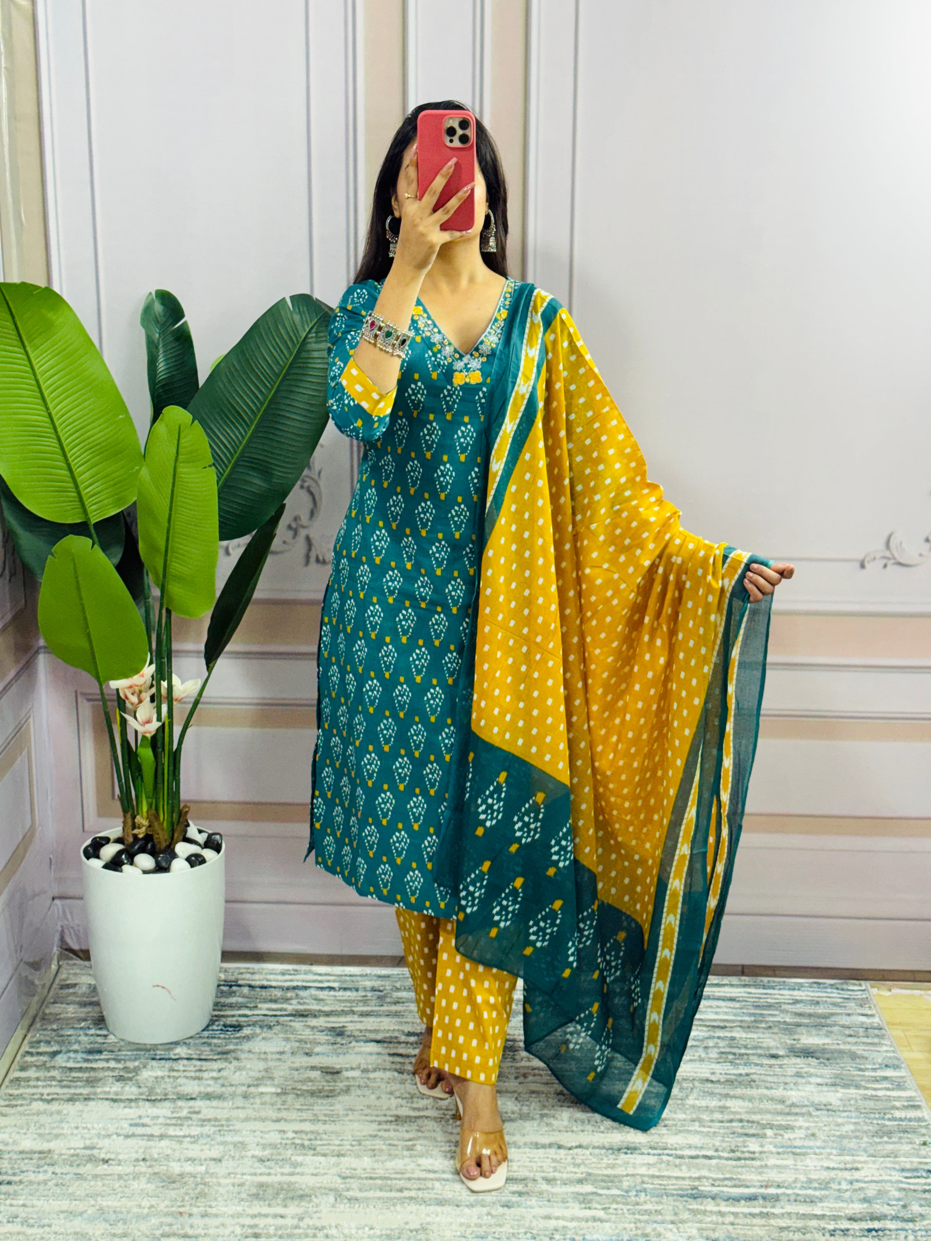 Women Designer Rich Cotton Floral Printed Rama Yellow Kurta and Pant With Dupatta