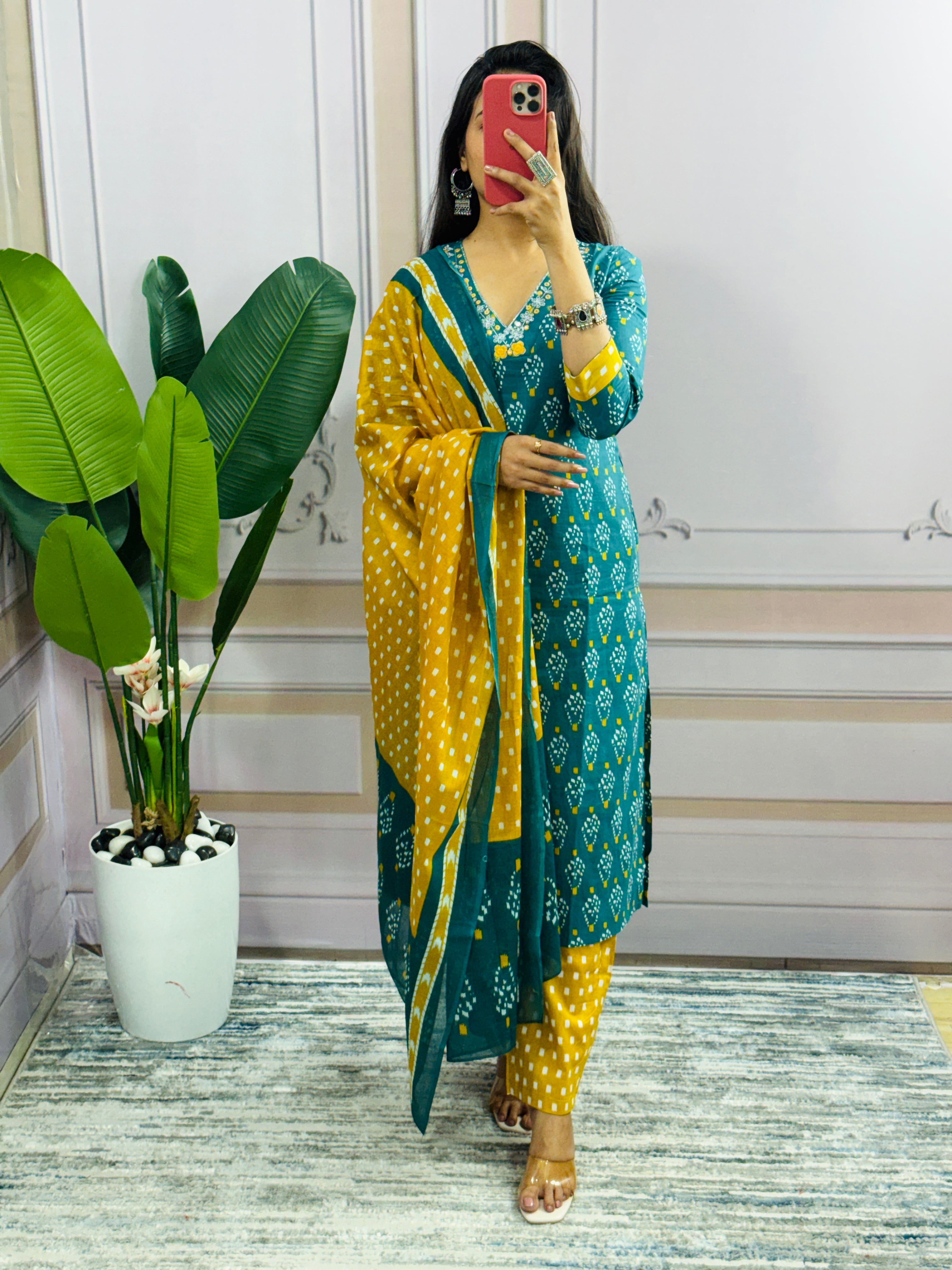 Women Designer Rich Cotton Floral Printed Rama Yellow Kurta and Pant With Dupatta
