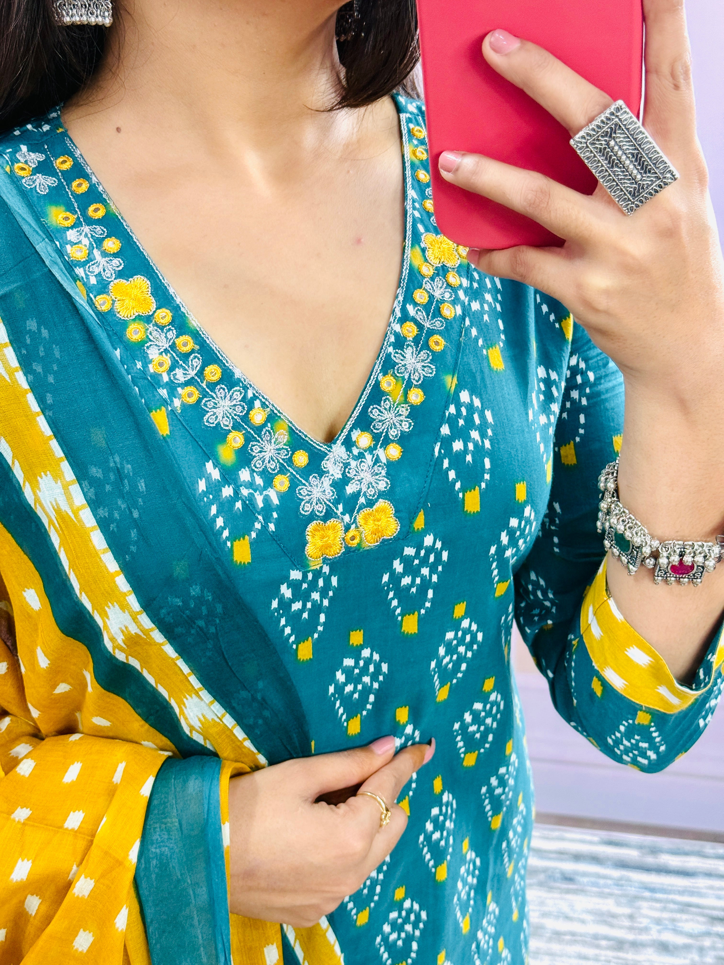 Women Designer Rich Cotton Floral Printed Rama Yellow Kurta and Pant With Dupatta