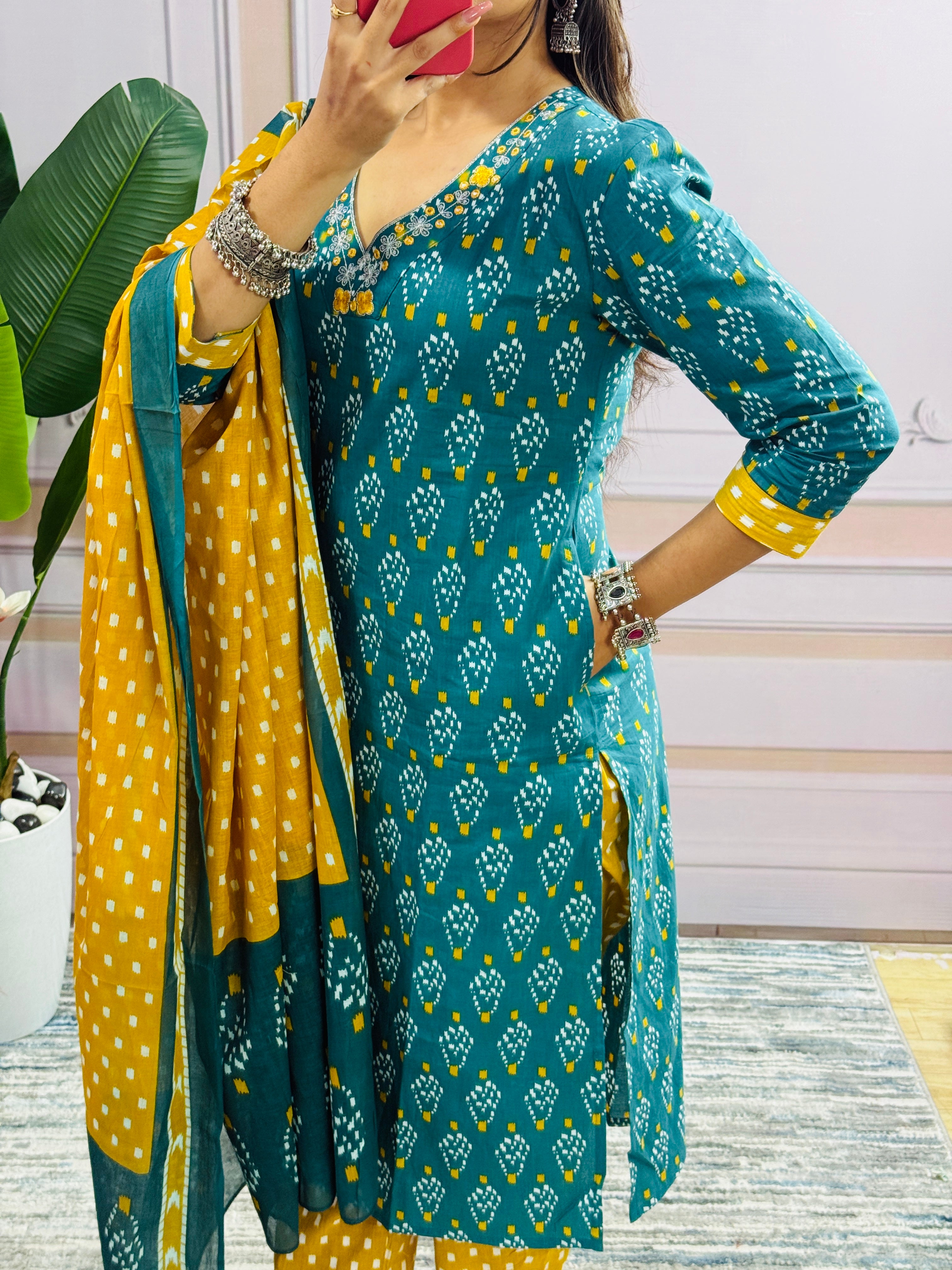 Women Designer Rich Cotton Floral Printed Rama Yellow Kurta and Pant With Dupatta