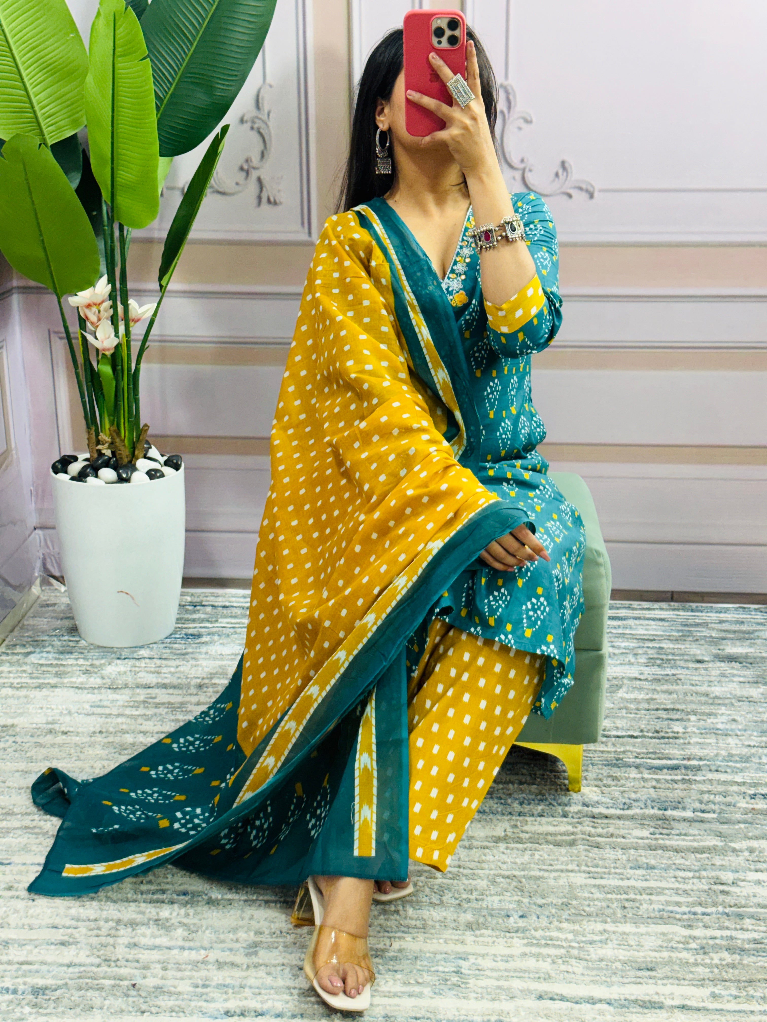 Women Designer Rich Cotton Floral Printed Rama Yellow Kurta and Pant With Dupatta