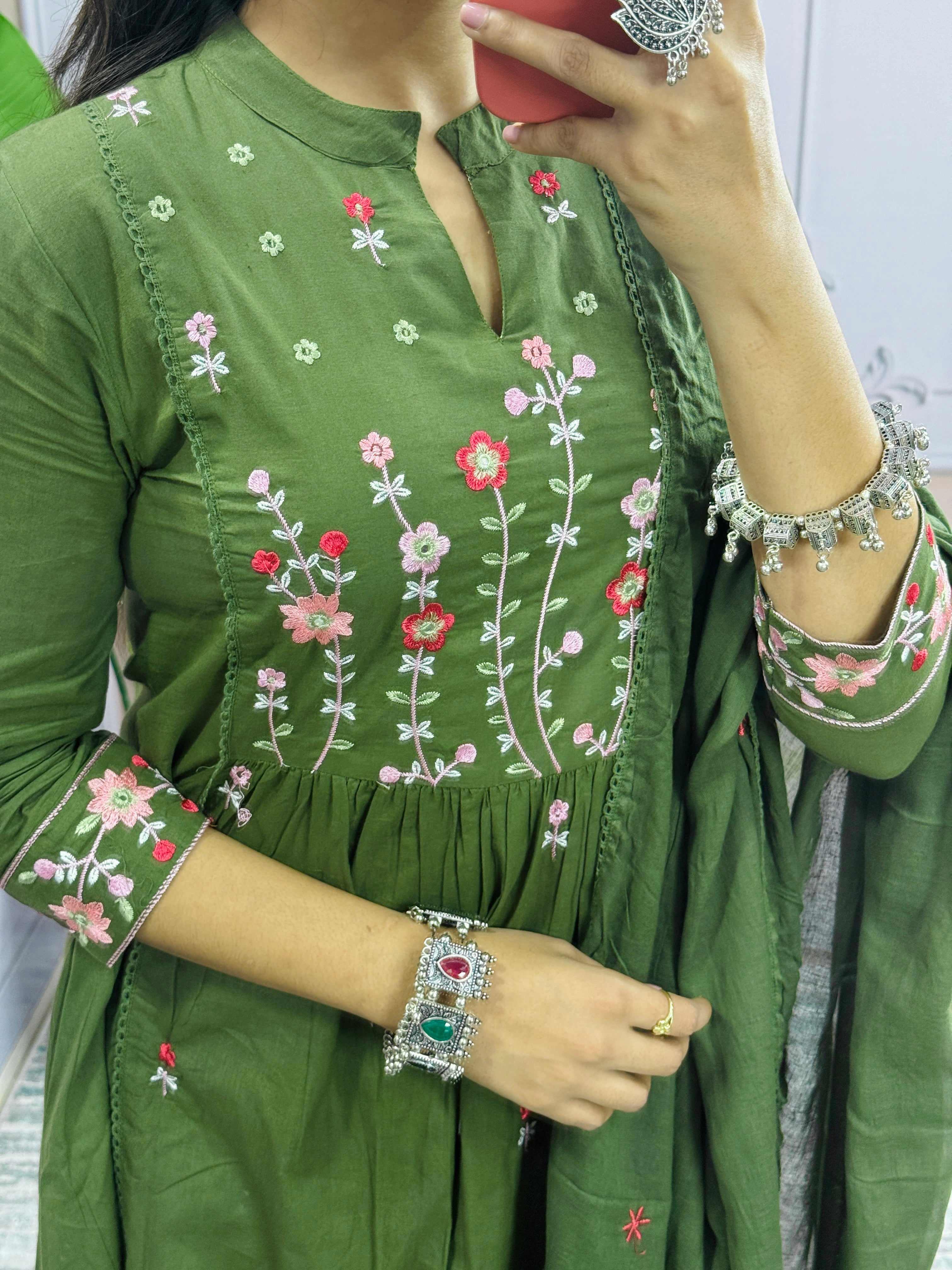 Women Embroidered Panel Worked Straight Cotton Green Kurta With Pant and Dupatta