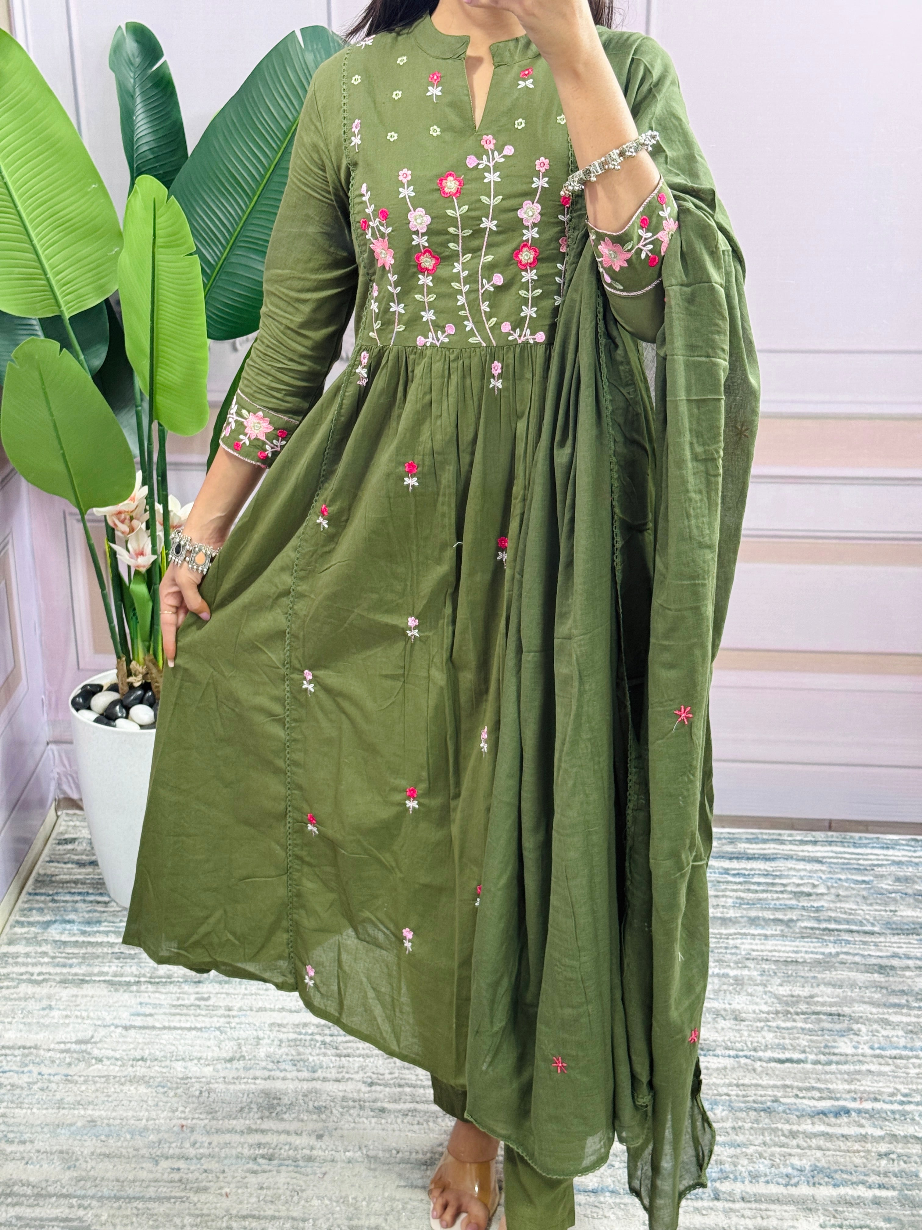 Women Embroidered Panel Worked Straight Cotton Green Kurta With Pant and Dupatta