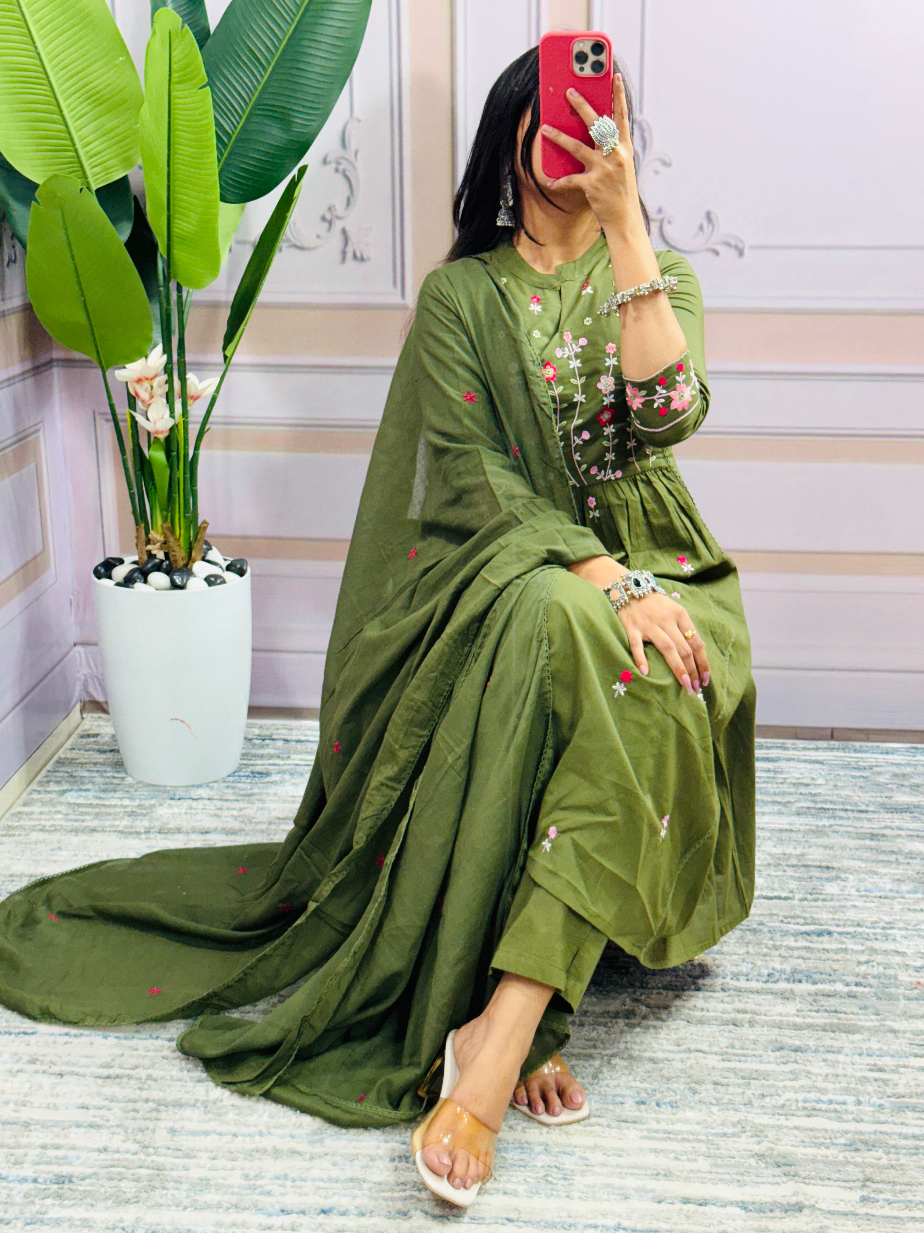 Women Embroidered Panel Worked Straight Cotton Green Kurta With Pant and Dupatta