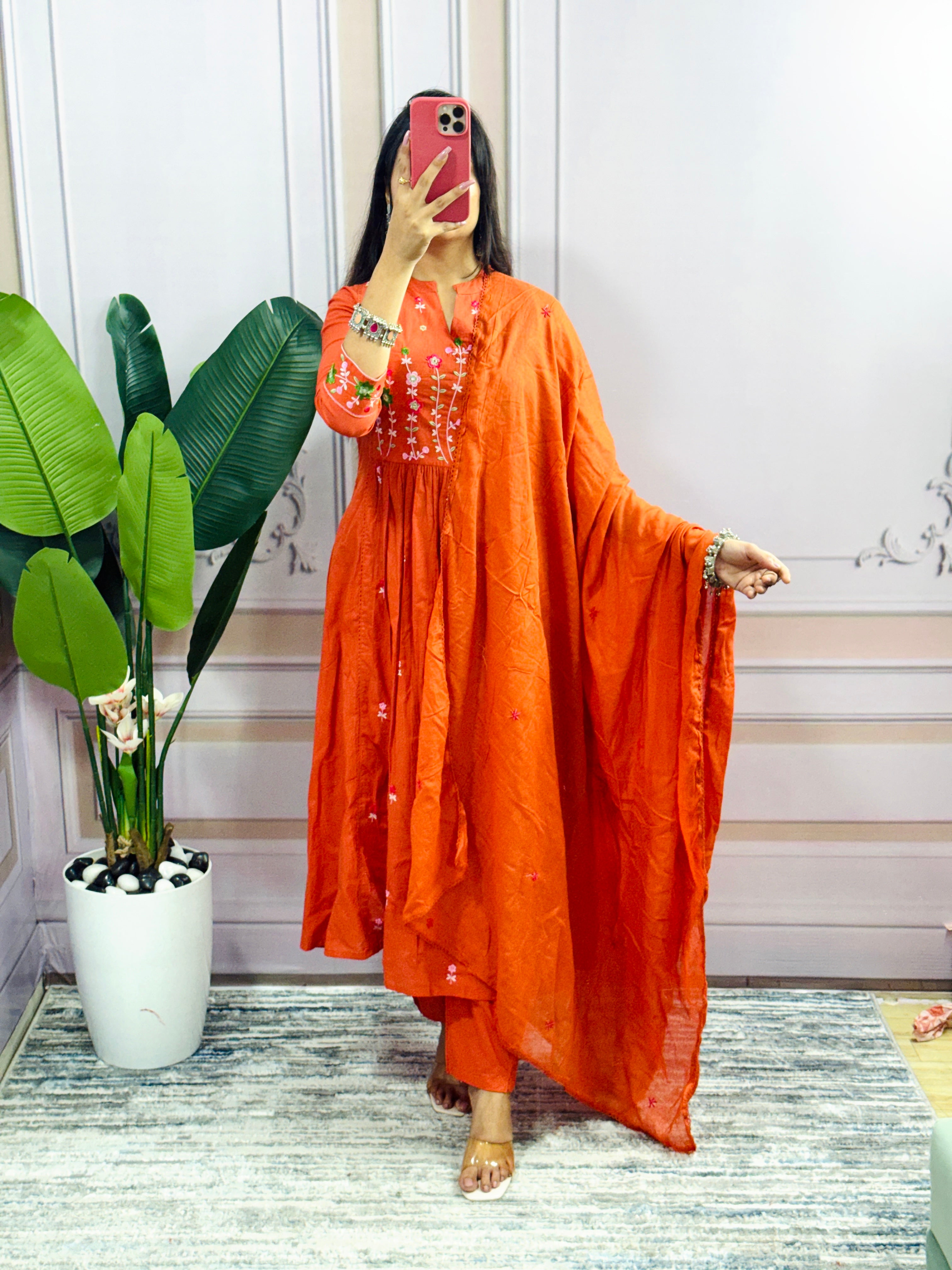 Women Embroidered Panel Worked Straight Cotton Orange Kurta With Pant and Dupatta