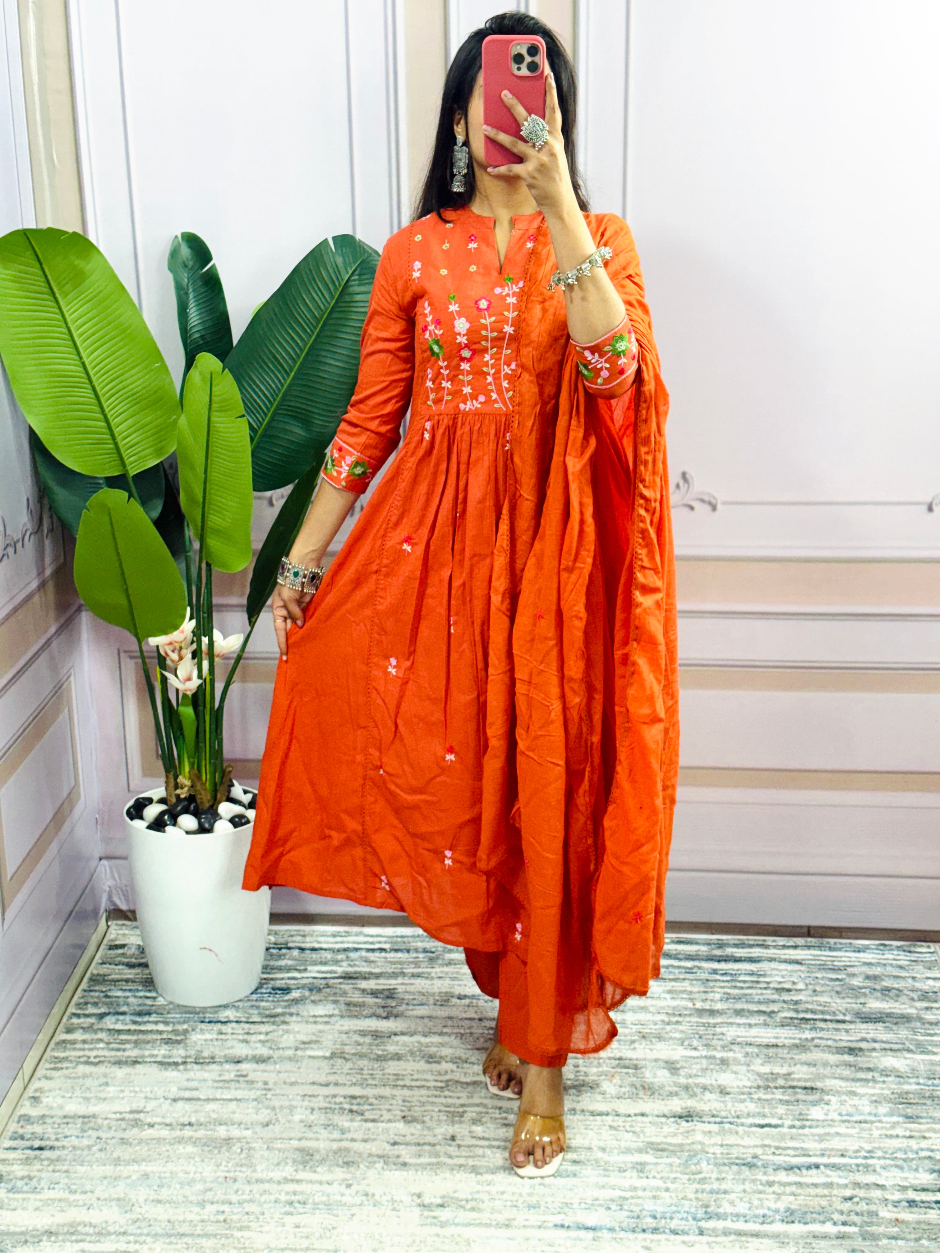 Women Embroidered Panel Worked Straight Cotton Orange Kurta With Pant and Dupatta