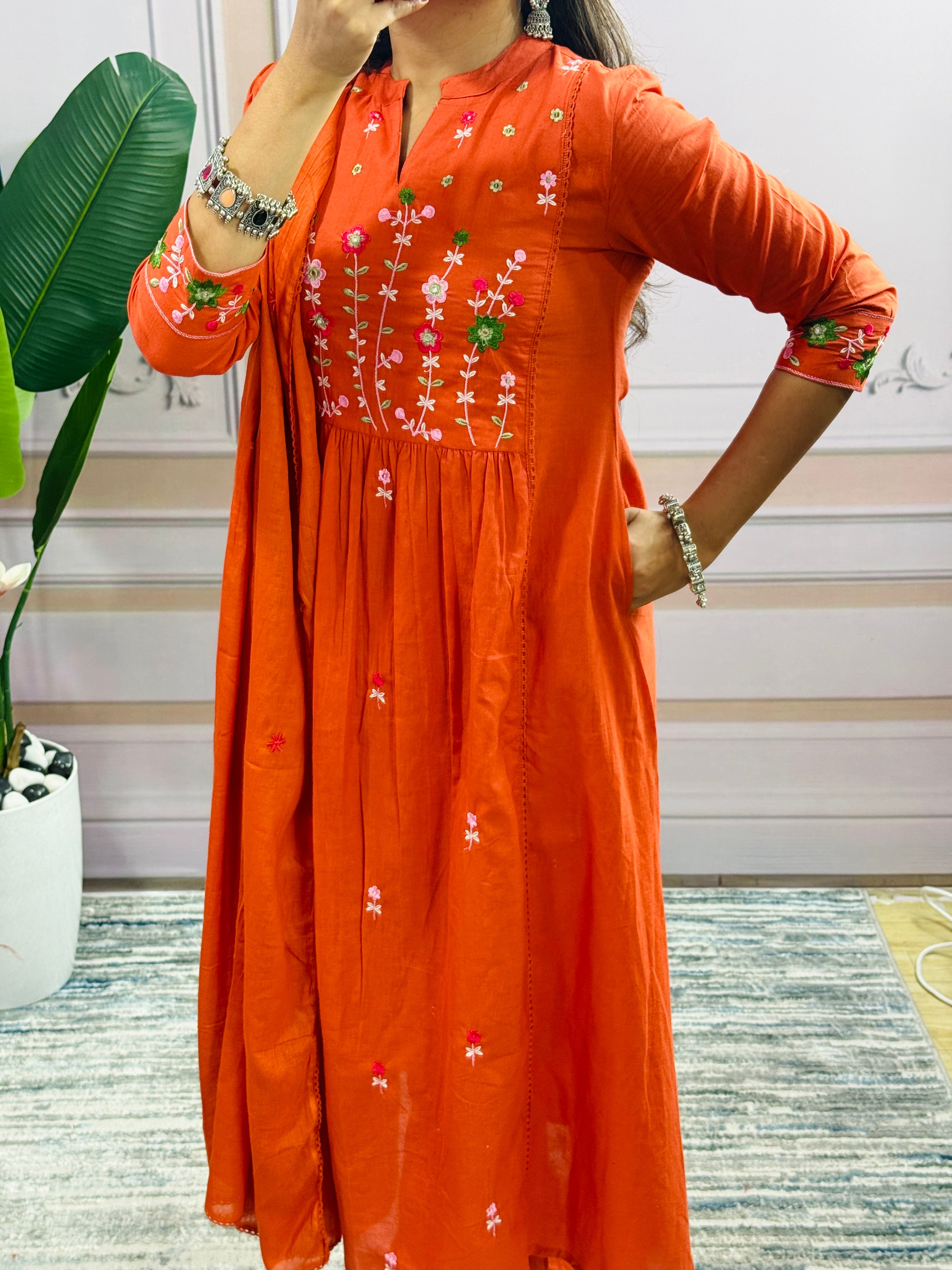 Women Embroidered Panel Worked Straight Cotton Orange Kurta With Pant and Dupatta