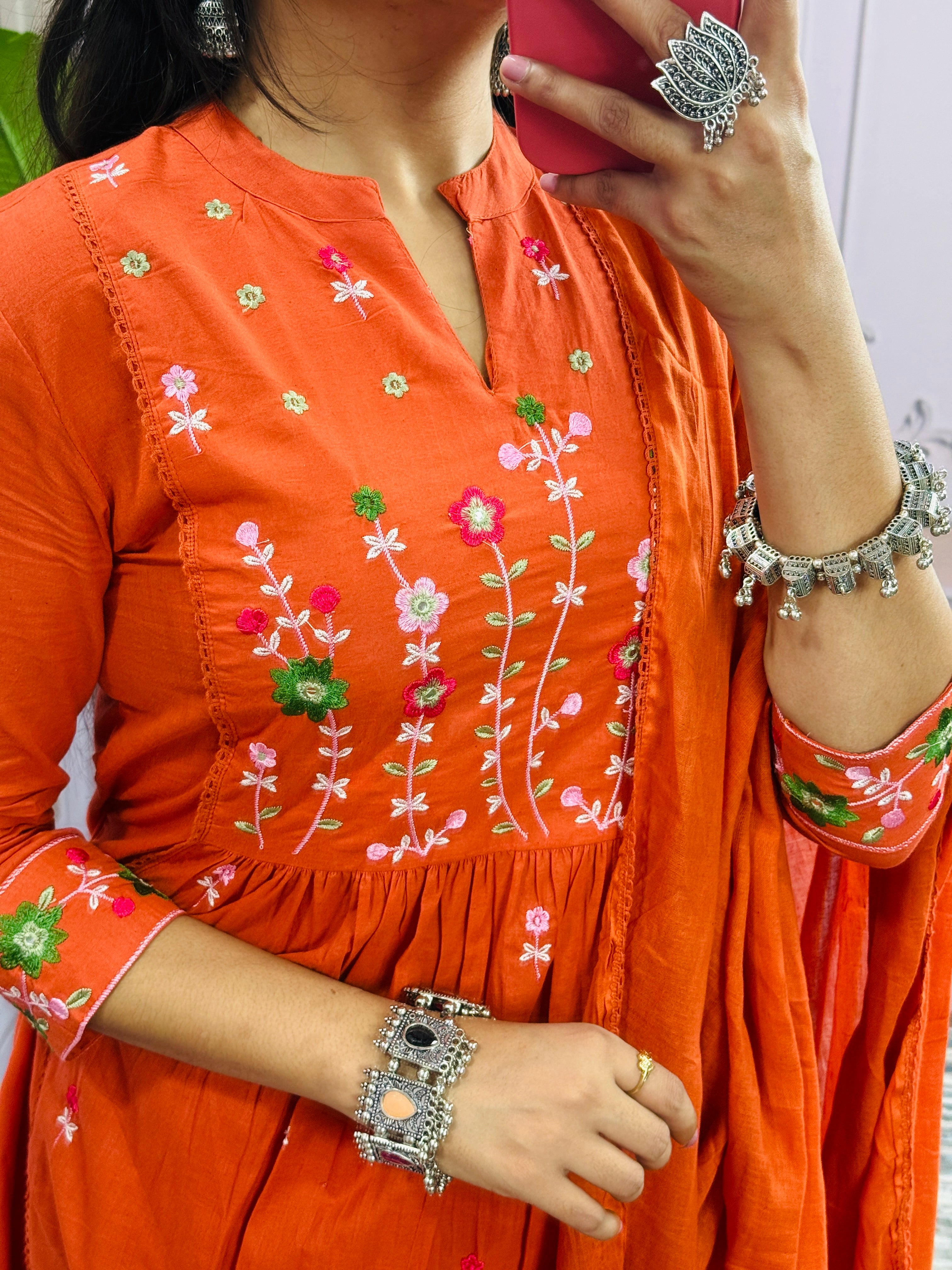Women Embroidered Panel Worked Straight Cotton Orange Kurta With Pant and Dupatta
