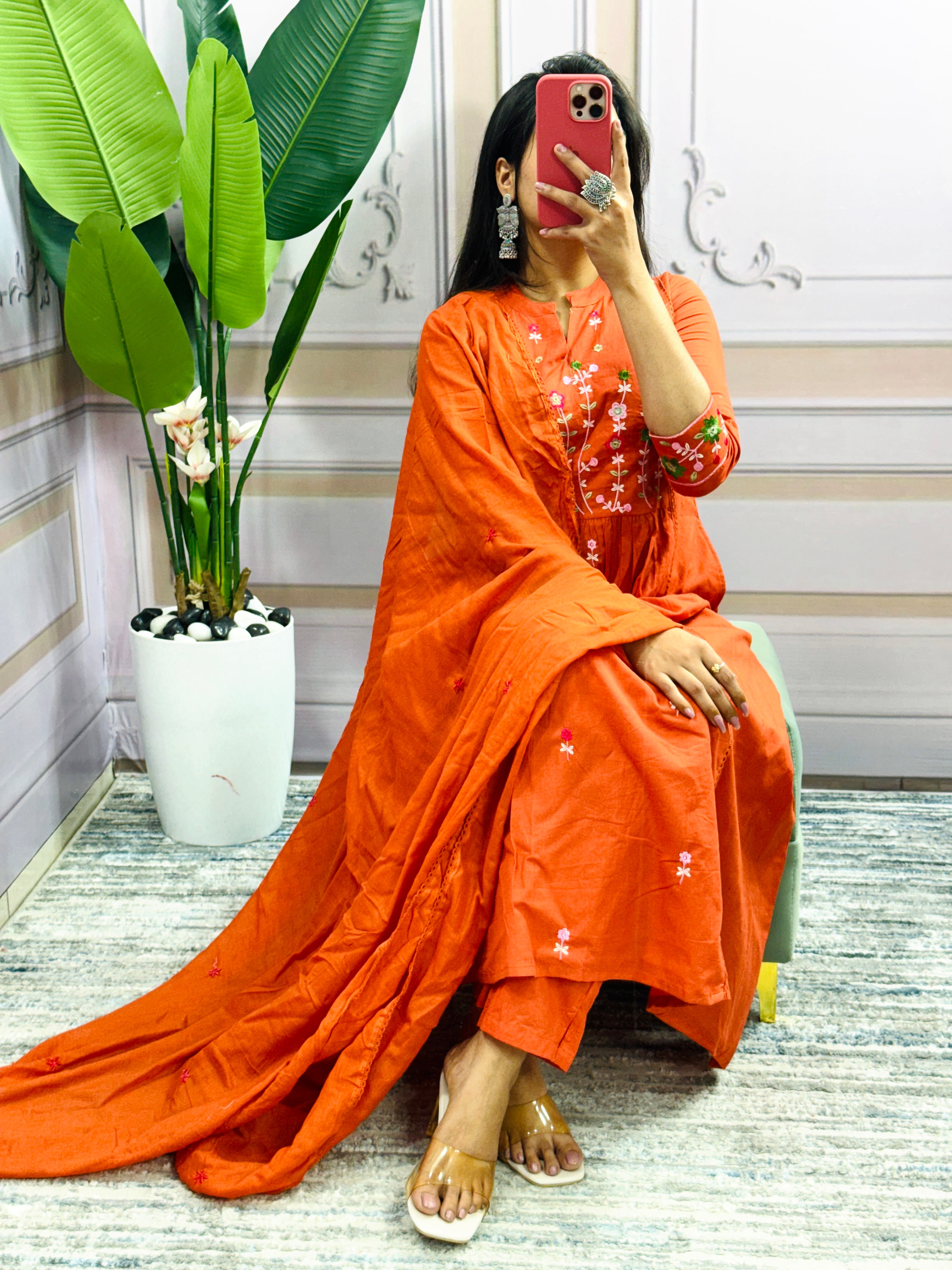 Women Embroidered Panel Worked Straight Cotton Orange Kurta With Pant and Dupatta