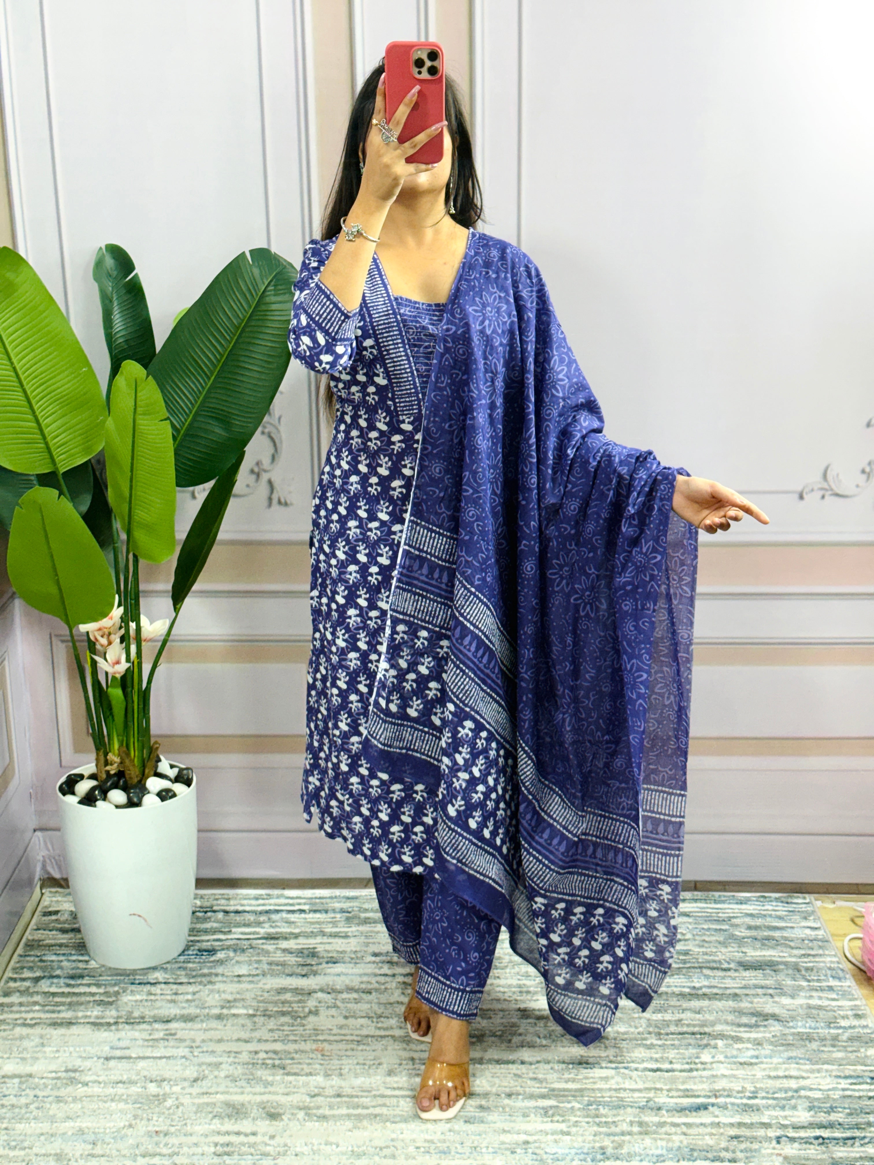 Women Beautiful Cotton Flower Printed Neckline Worked Blue Kurta And Pant With Cotton Mulmul Dupatta