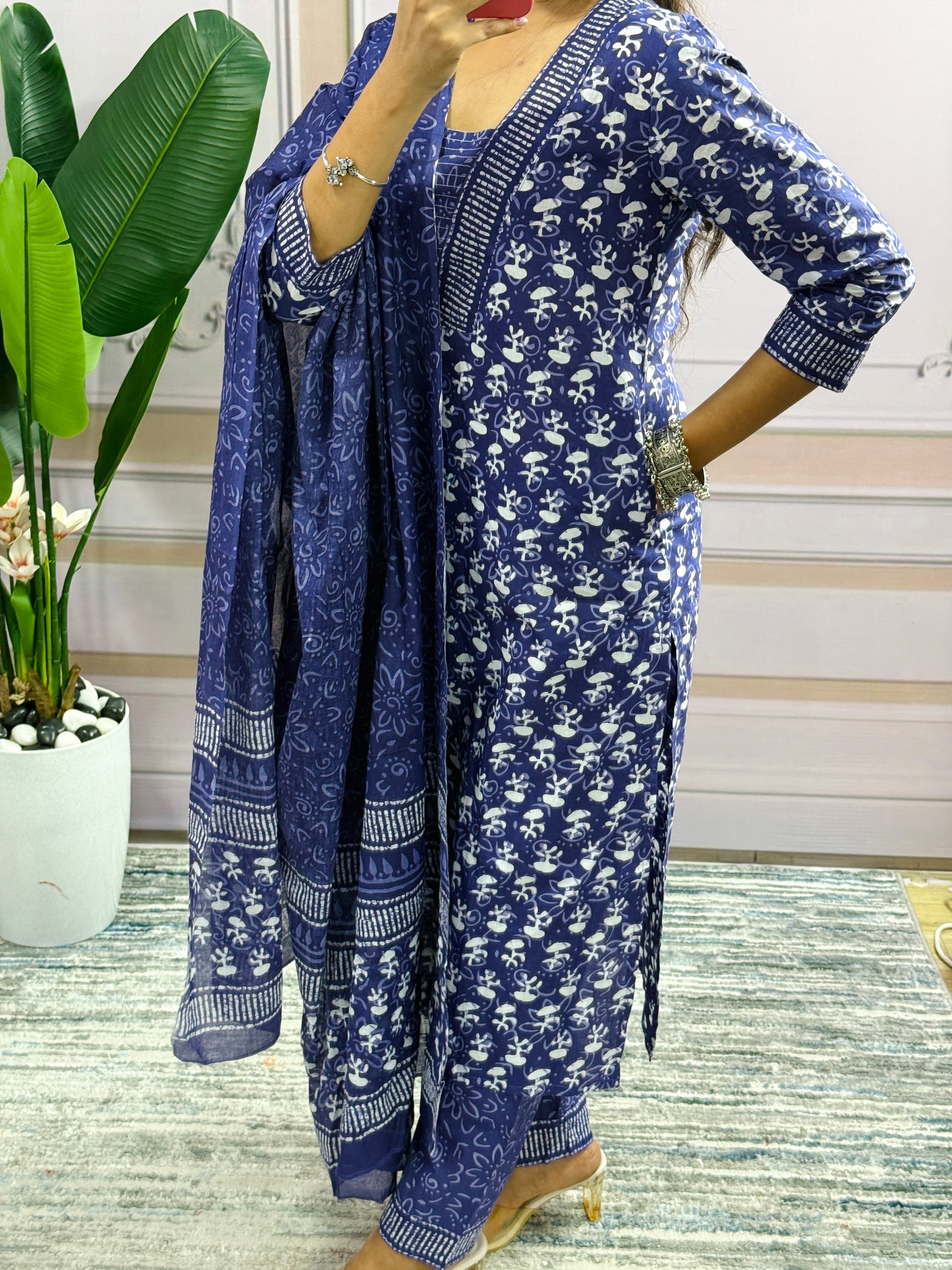 Women Beautiful Cotton Flower Printed Neckline Worked Blue Kurta And Pant With Cotton Mulmul Dupatta