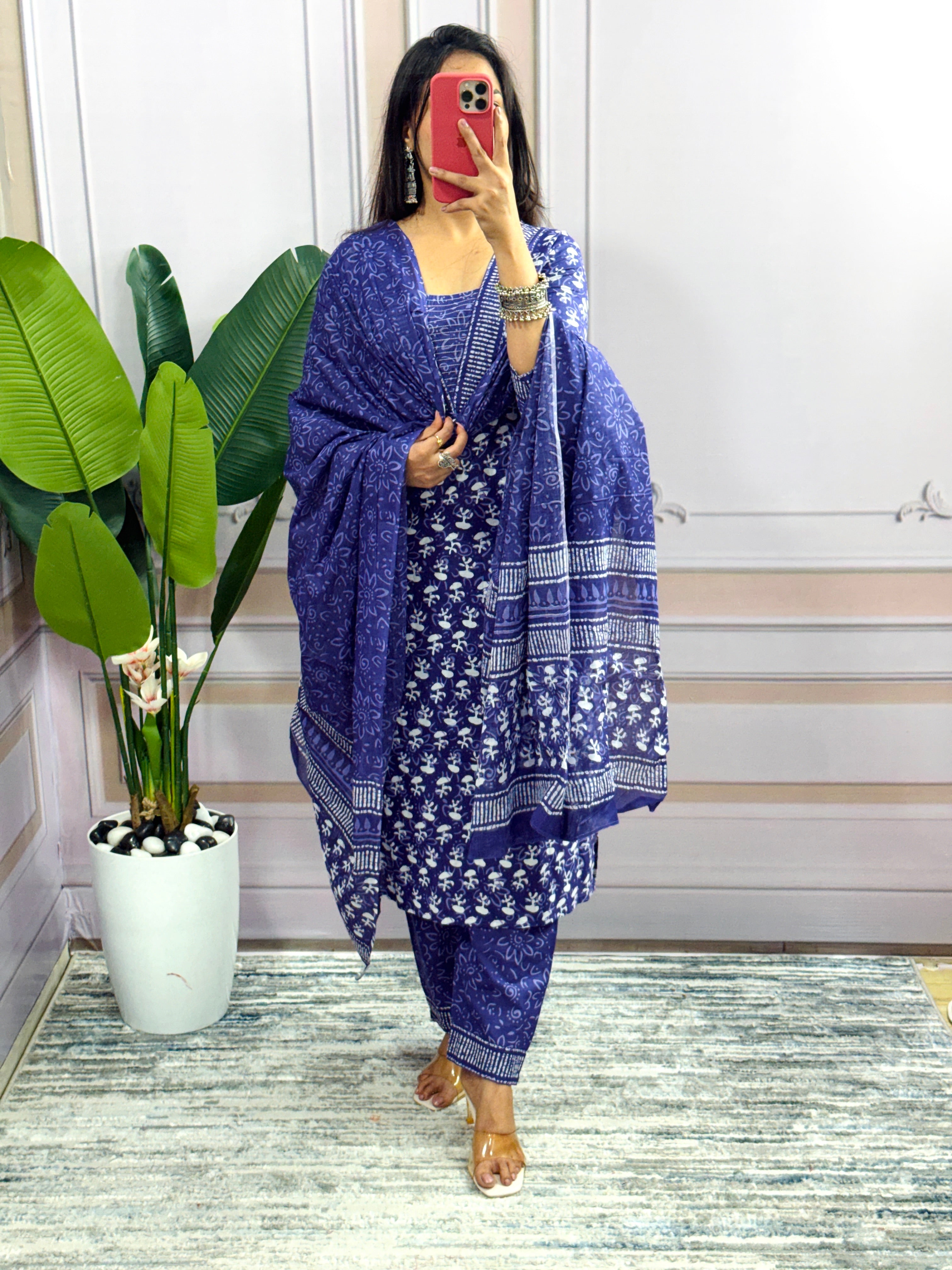 Women Beautiful Cotton Flower Printed Neckline Worked Blue Kurta And Pant With Cotton Mulmul Dupatta
