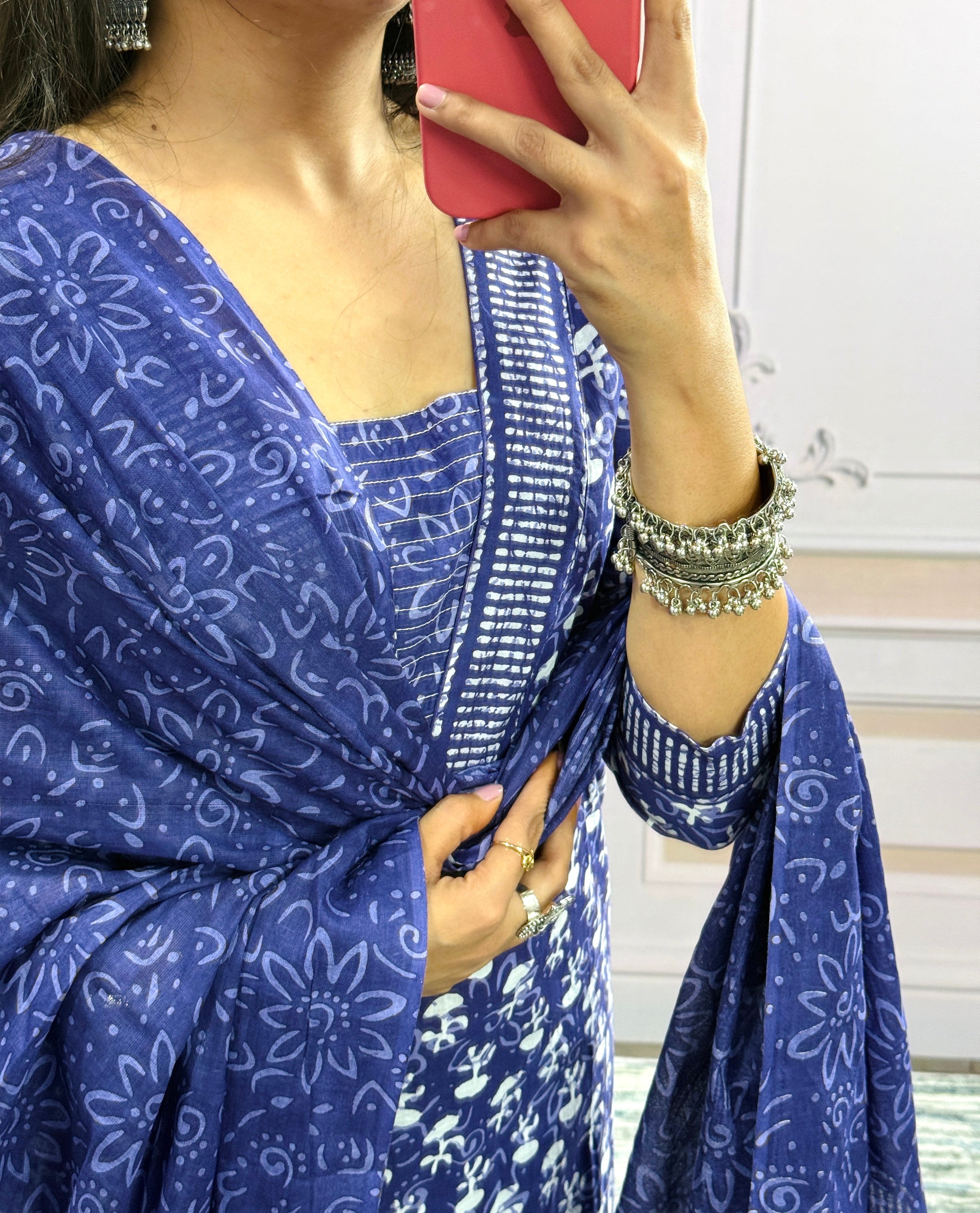 Women Beautiful Cotton Flower Printed Neckline Worked Blue Kurta And Pant With Cotton Mulmul Dupatta