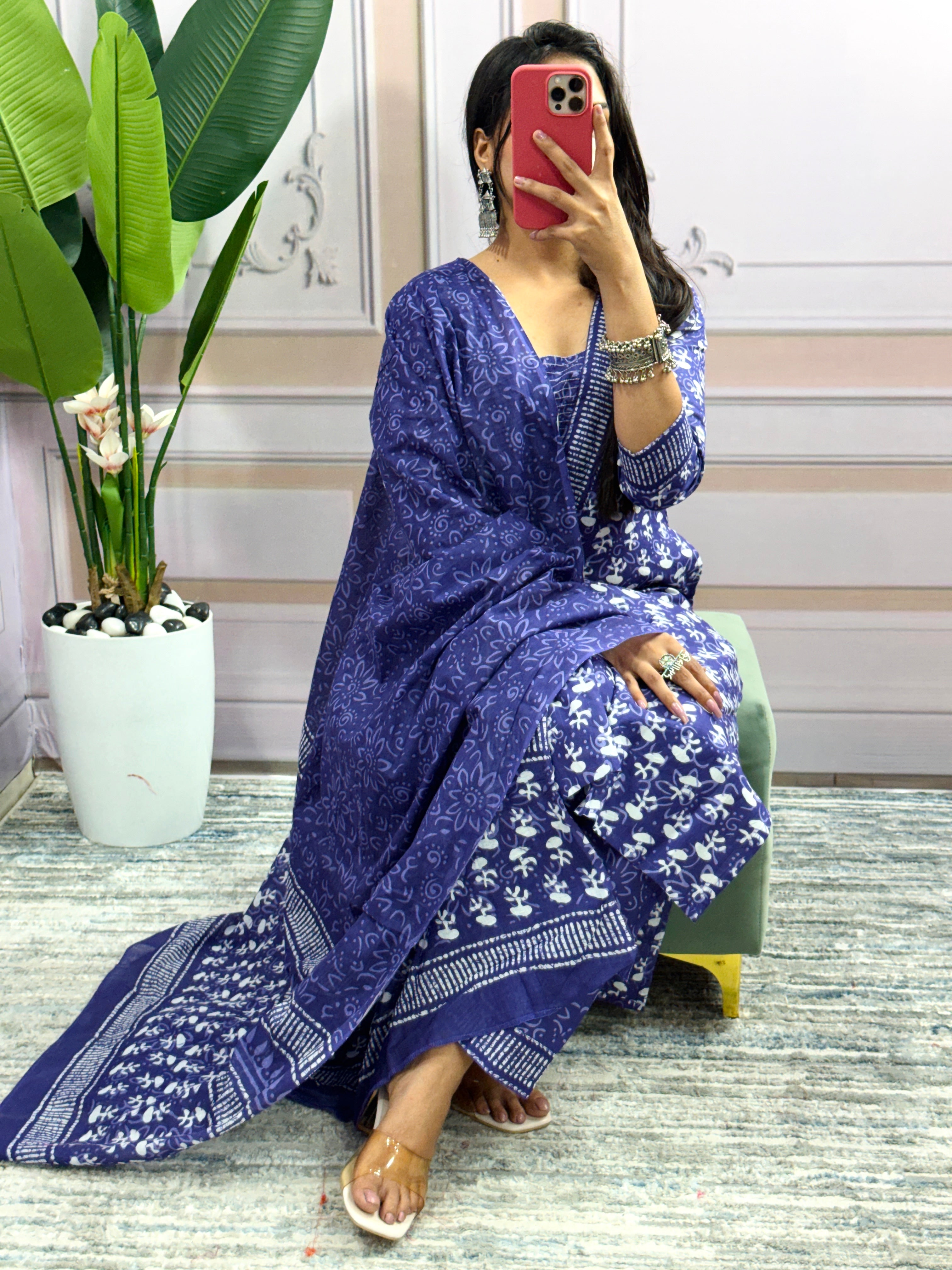 Women Beautiful Cotton Flower Printed Neckline Worked Blue Kurta And Pant With Cotton Mulmul Dupatta
