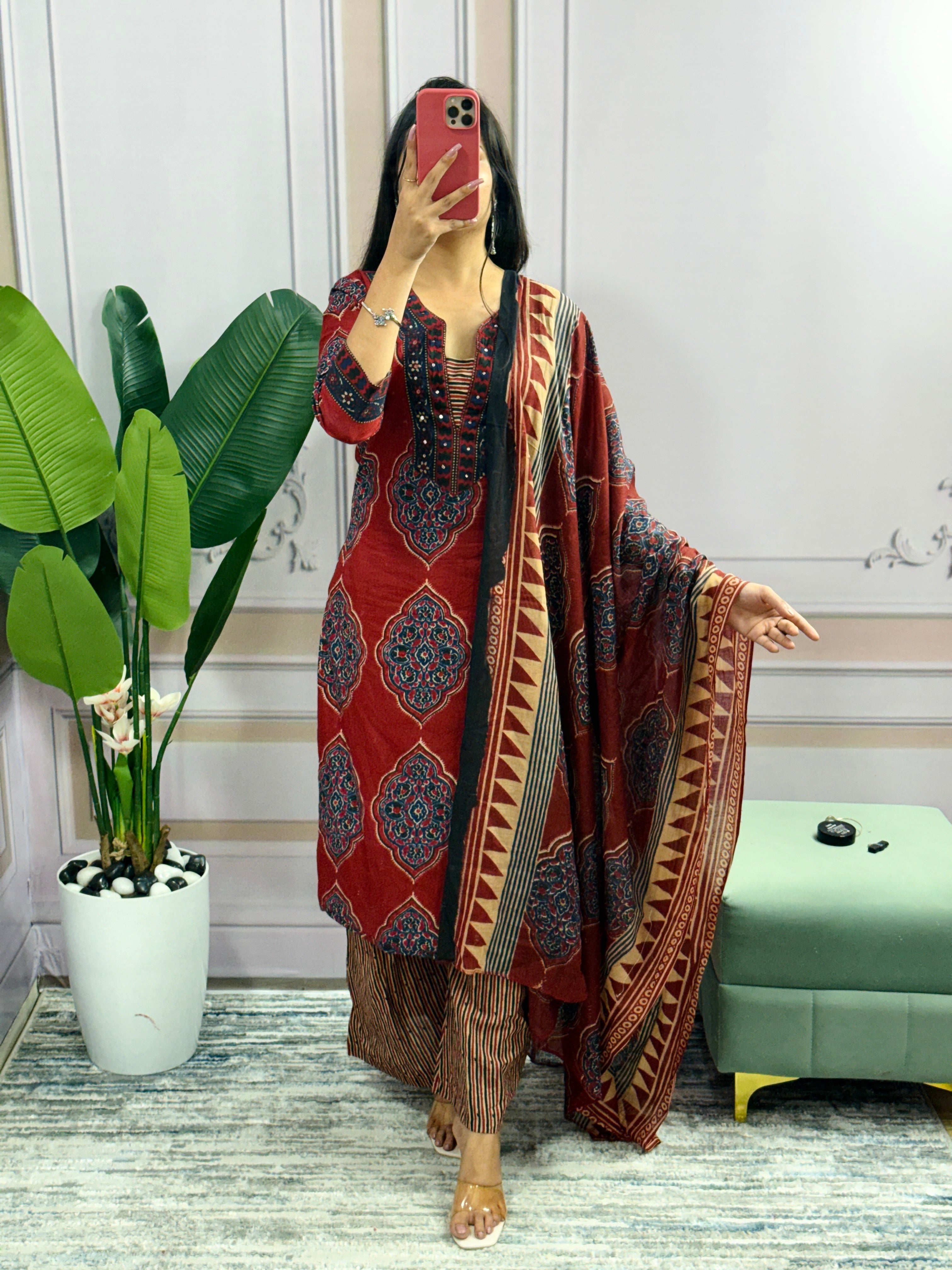 Women Beautiful Flower Printed Neckline Worked Maroon Kurta And Pant With Cotton Mulmul Dupatta
