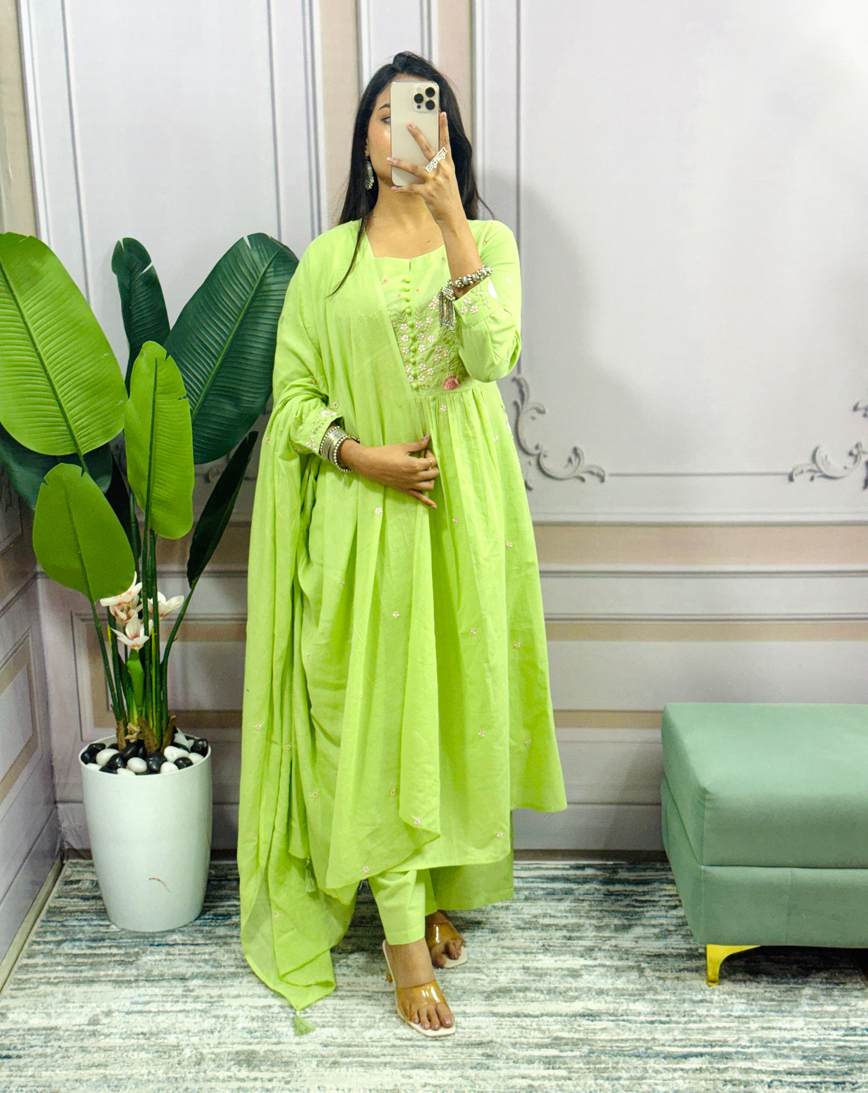 Women Cotton Flower Embroidered Worked Green Kurta With Pant and Dupatta