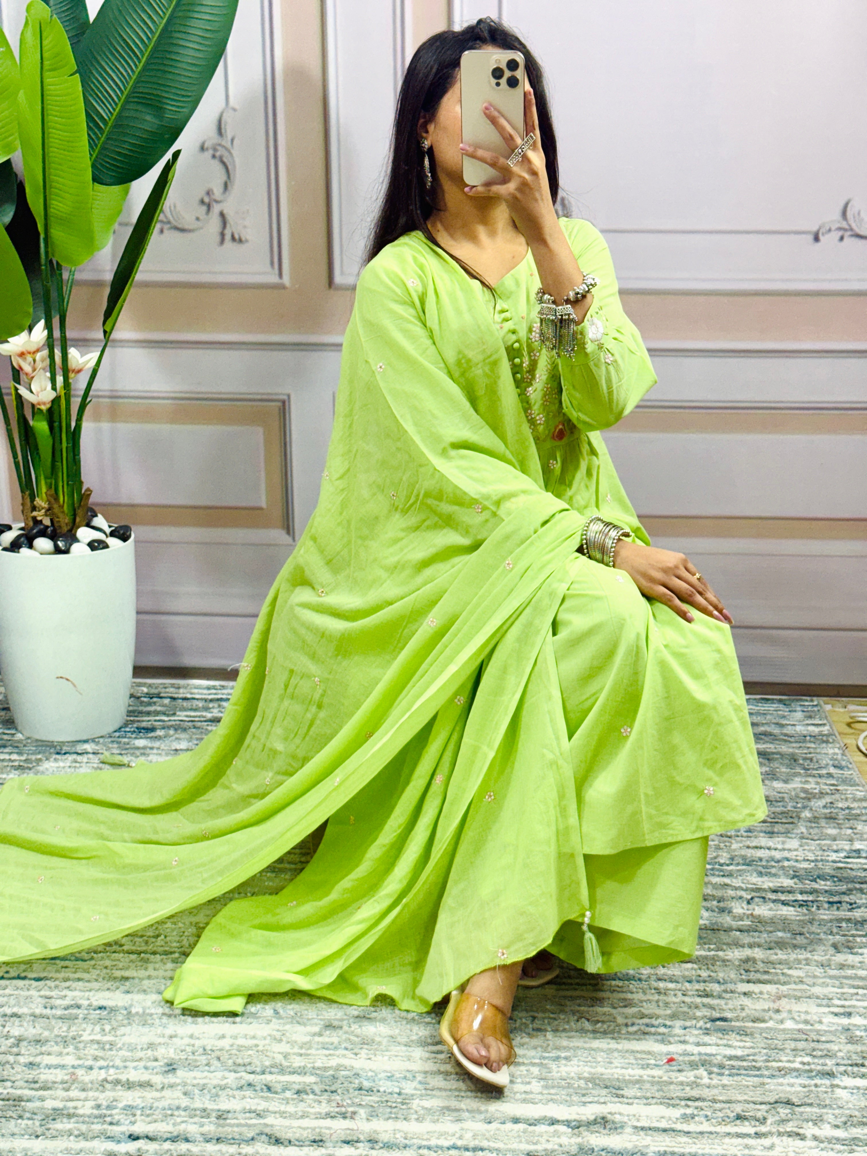 Women Cotton Flower Embroidered Worked Green Kurta With Pant and Dupatta