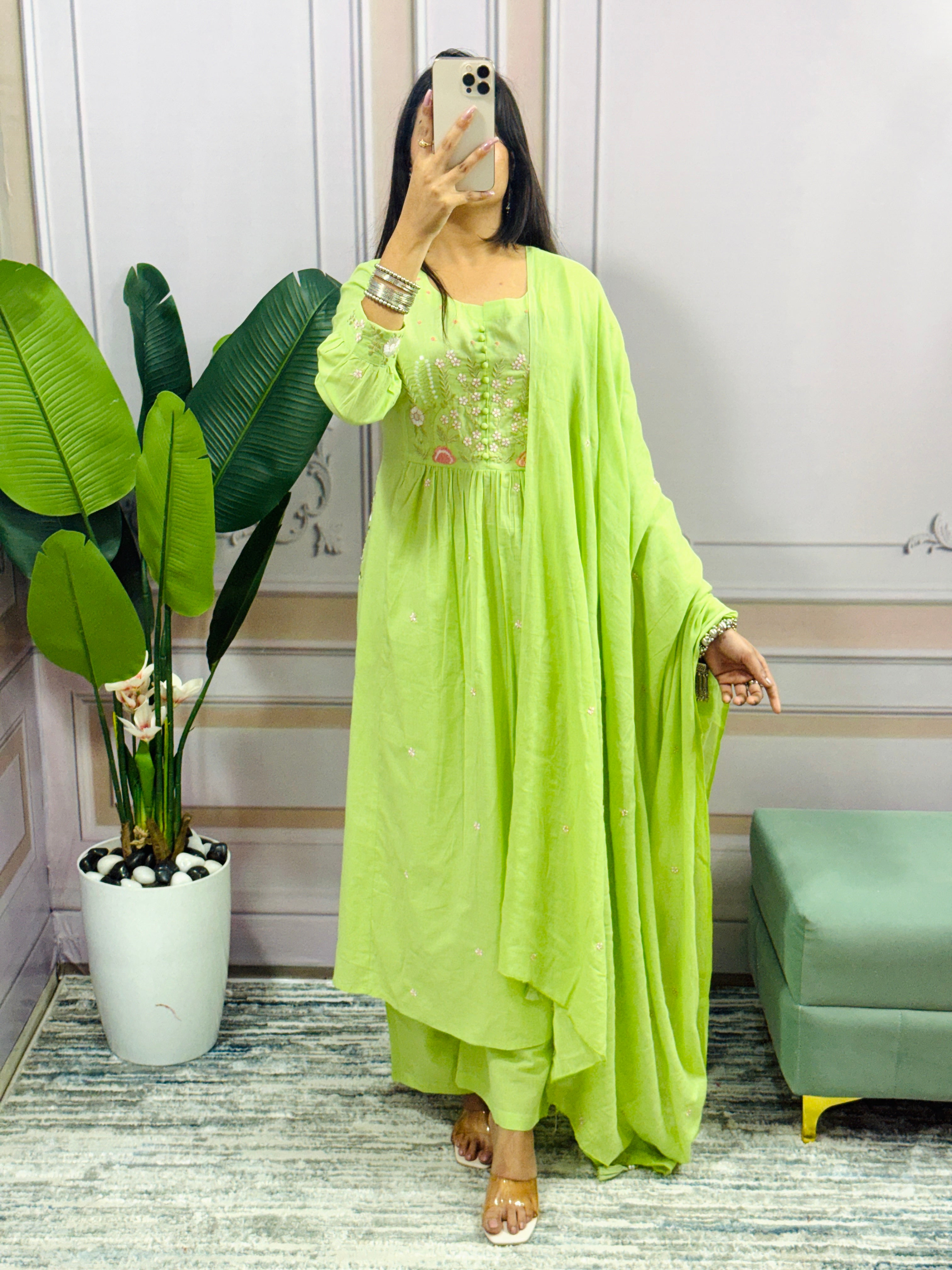 Women Cotton Flower Embroidered Worked Green Kurta With Pant and Dupatta