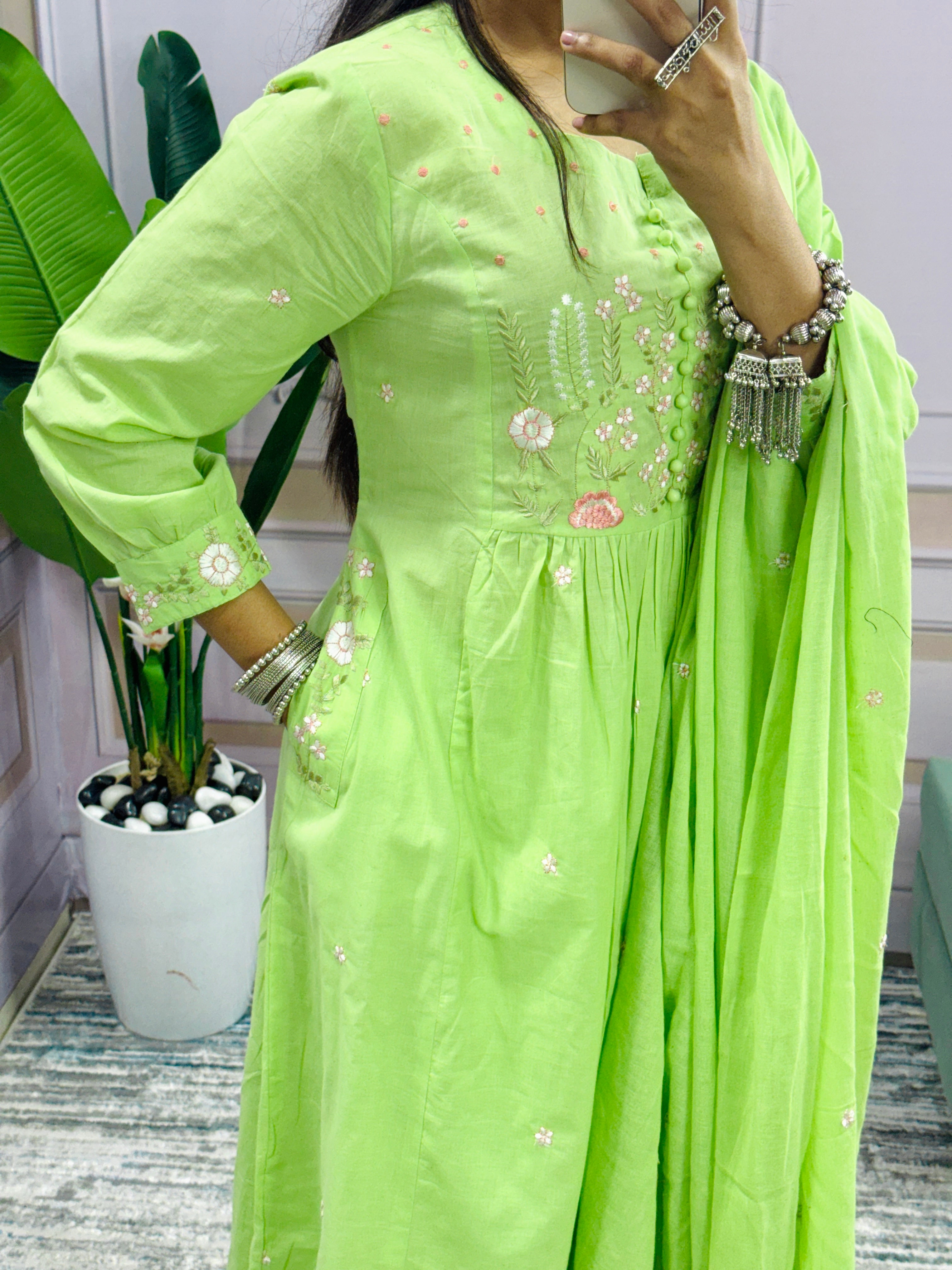 Women Cotton Flower Embroidered Worked Green Kurta With Pant and Dupatta