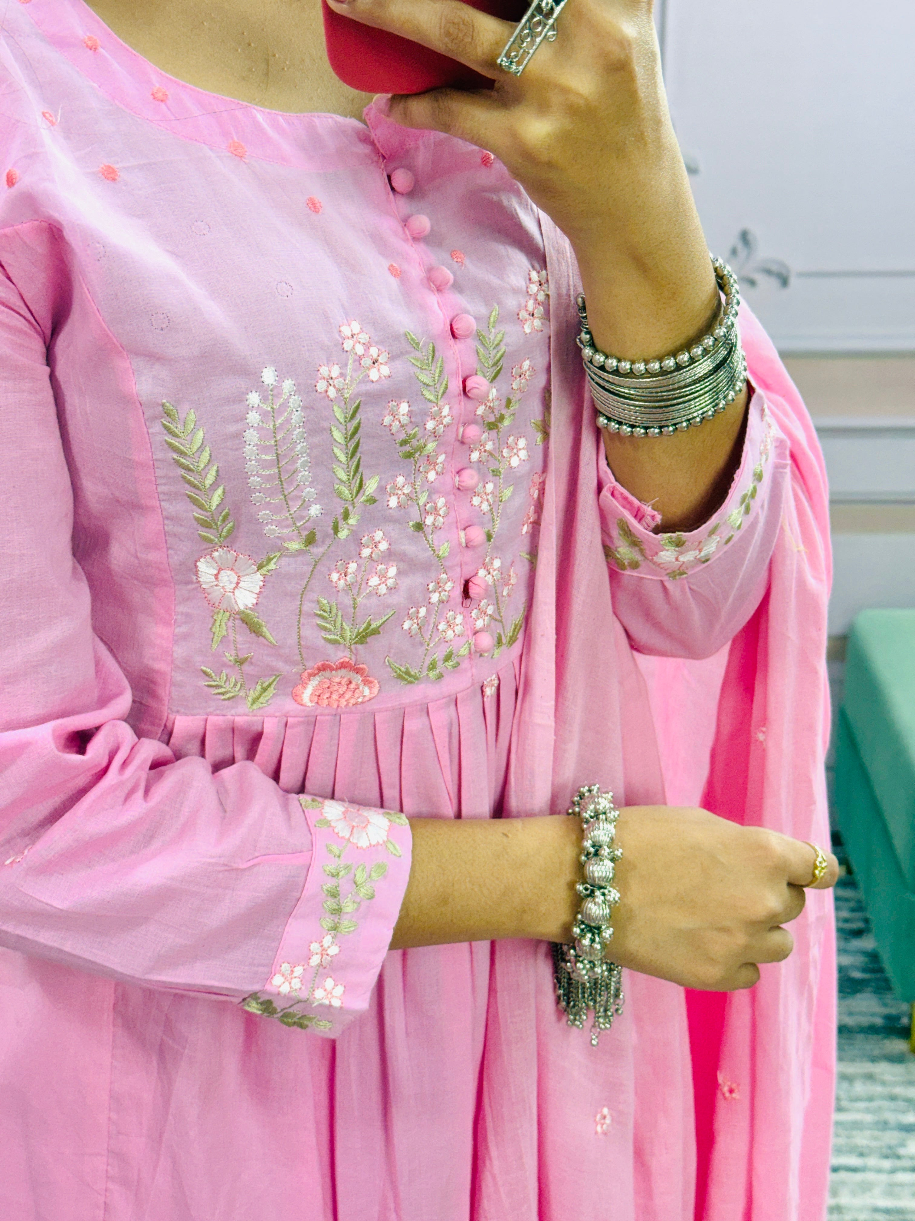 Women Cotton Flower Embroidered Worked Pink Kurta With Pant and Dupatta