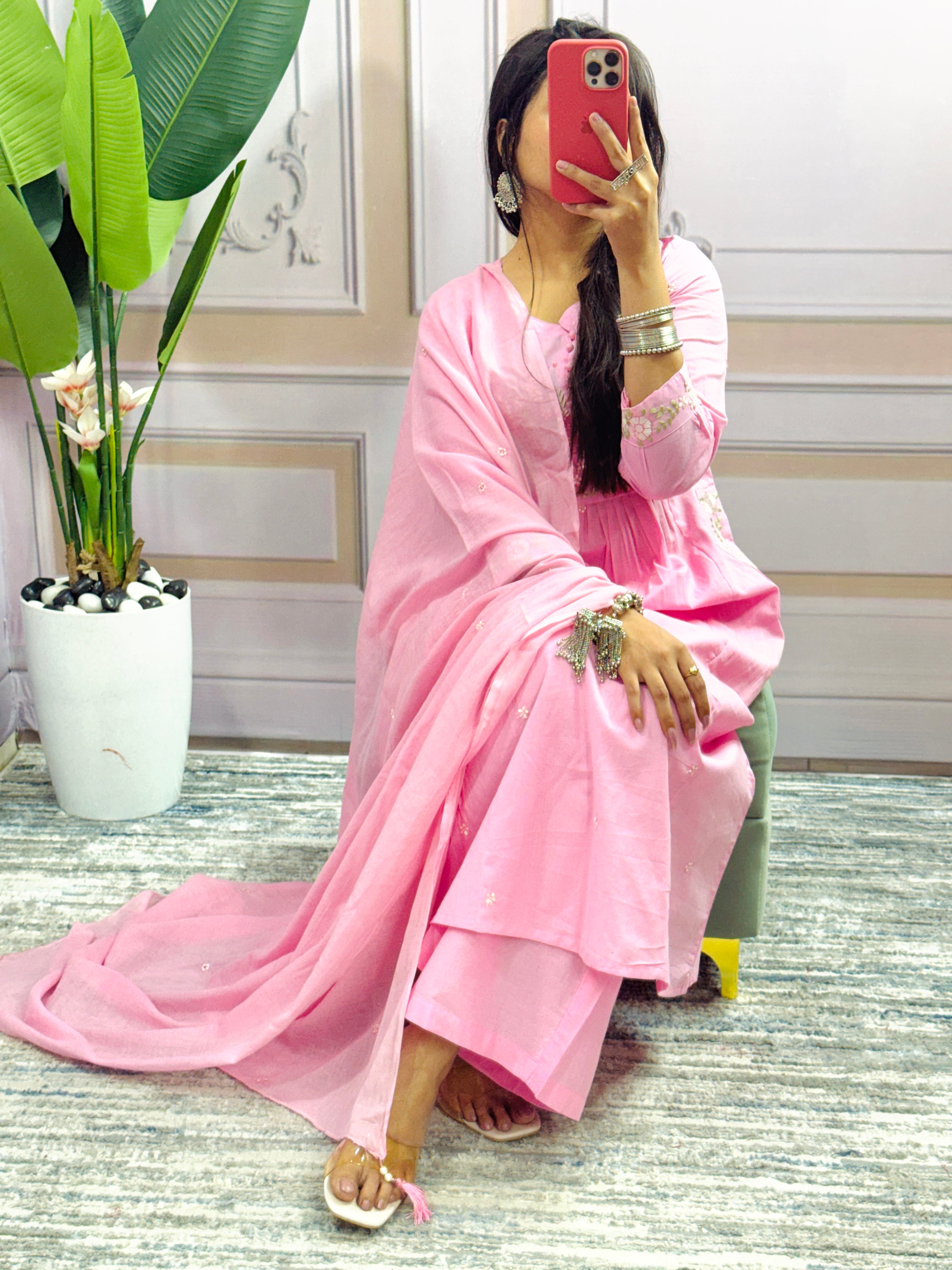 Women Cotton Flower Embroidered Worked Pink Kurta With Pant and Dupatta