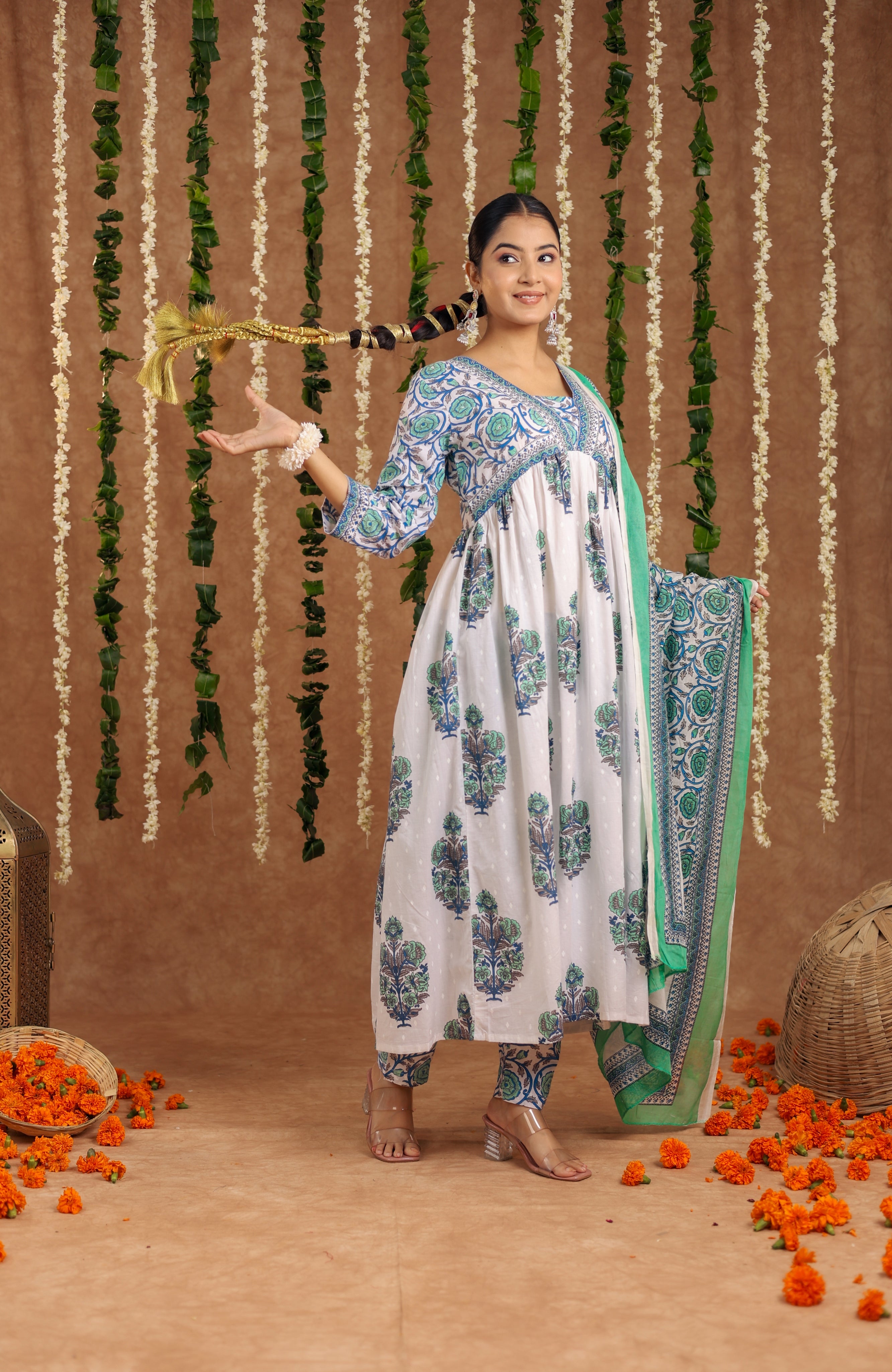 Jaipuri Printed White Blue Cotton Kurti With Pant And Dupatta For Women