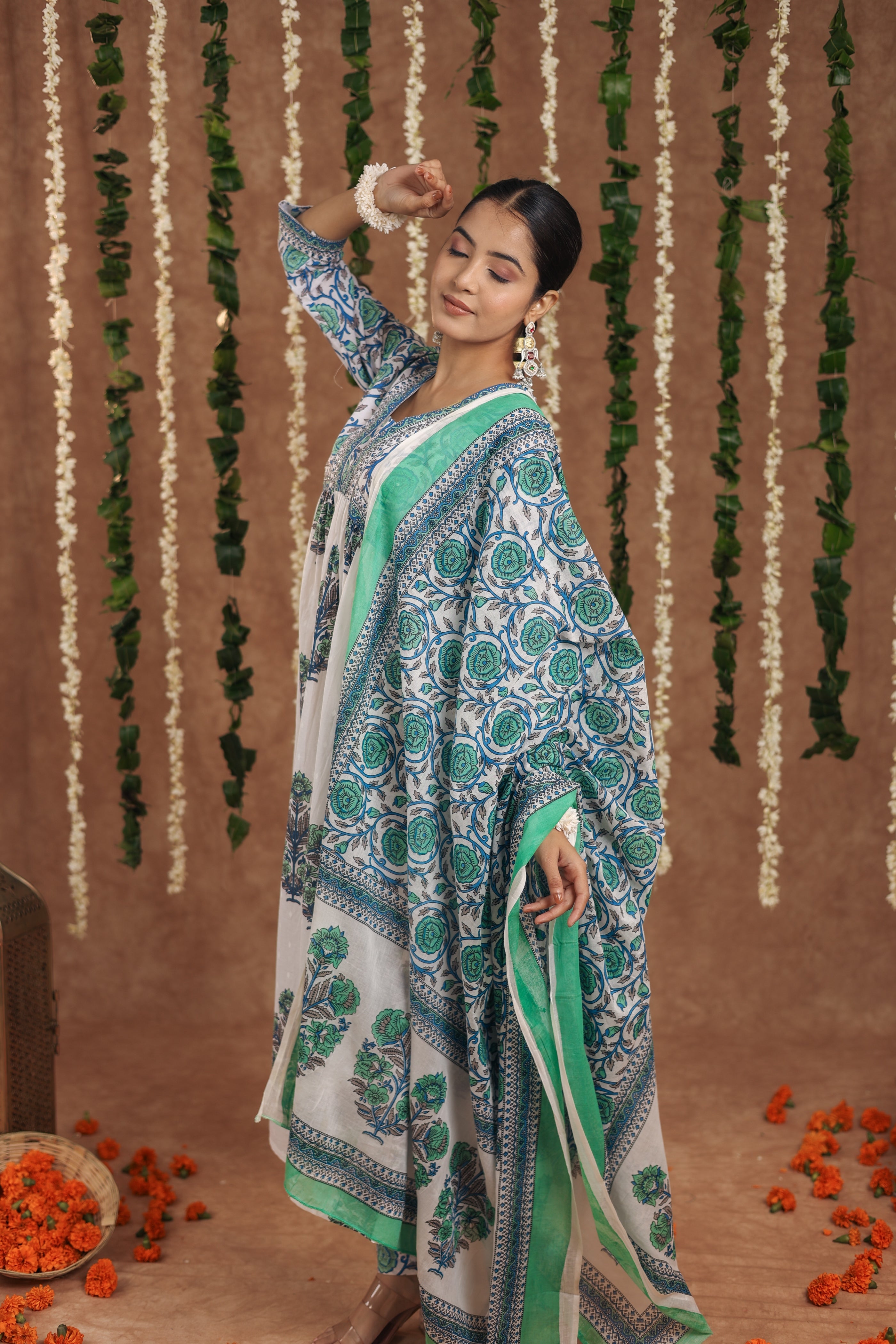 Jaipuri Printed White Blue Cotton Kurti With Pant And Dupatta For Women