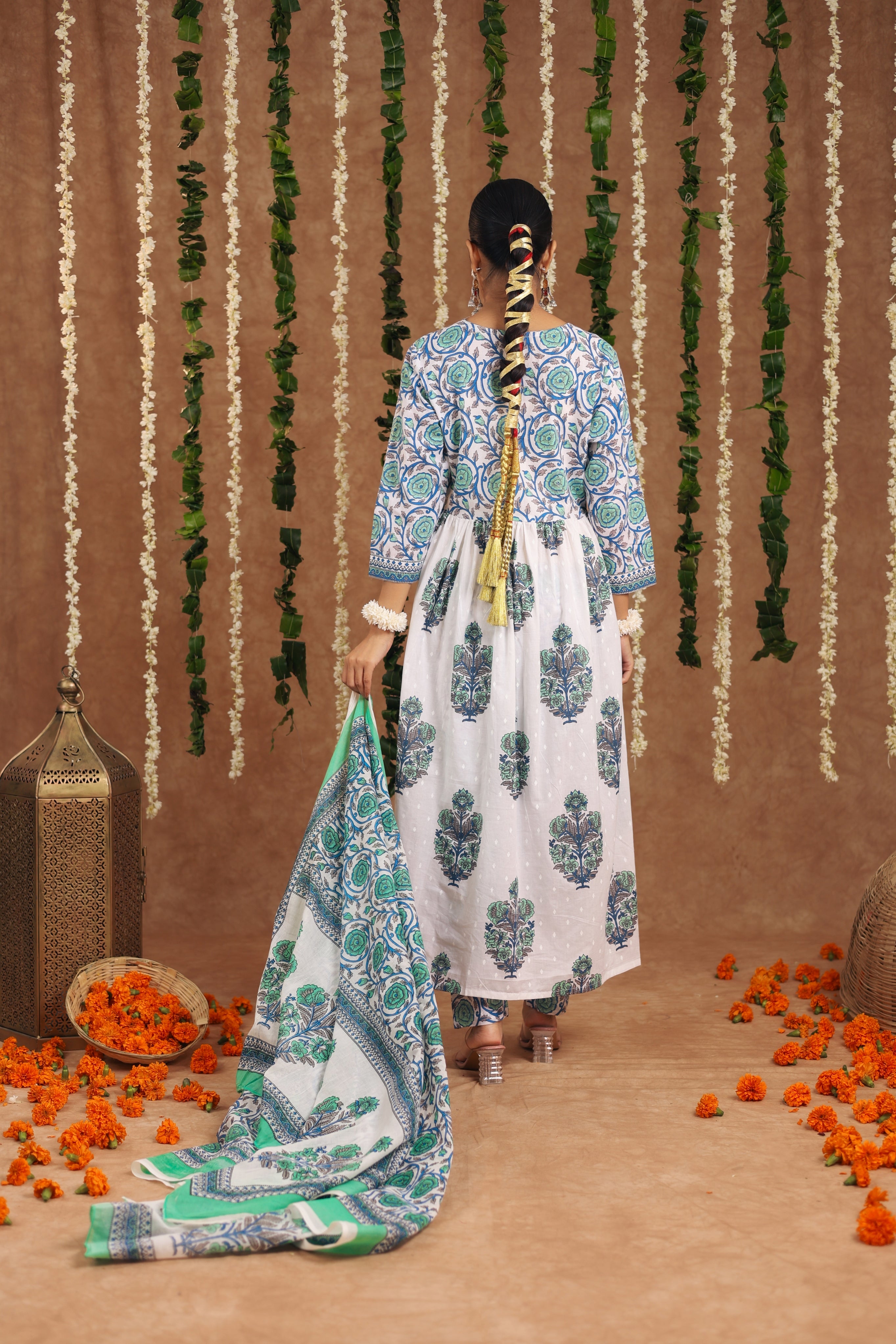 Jaipuri Printed White Blue Cotton Kurti With Pant And Dupatta For Women