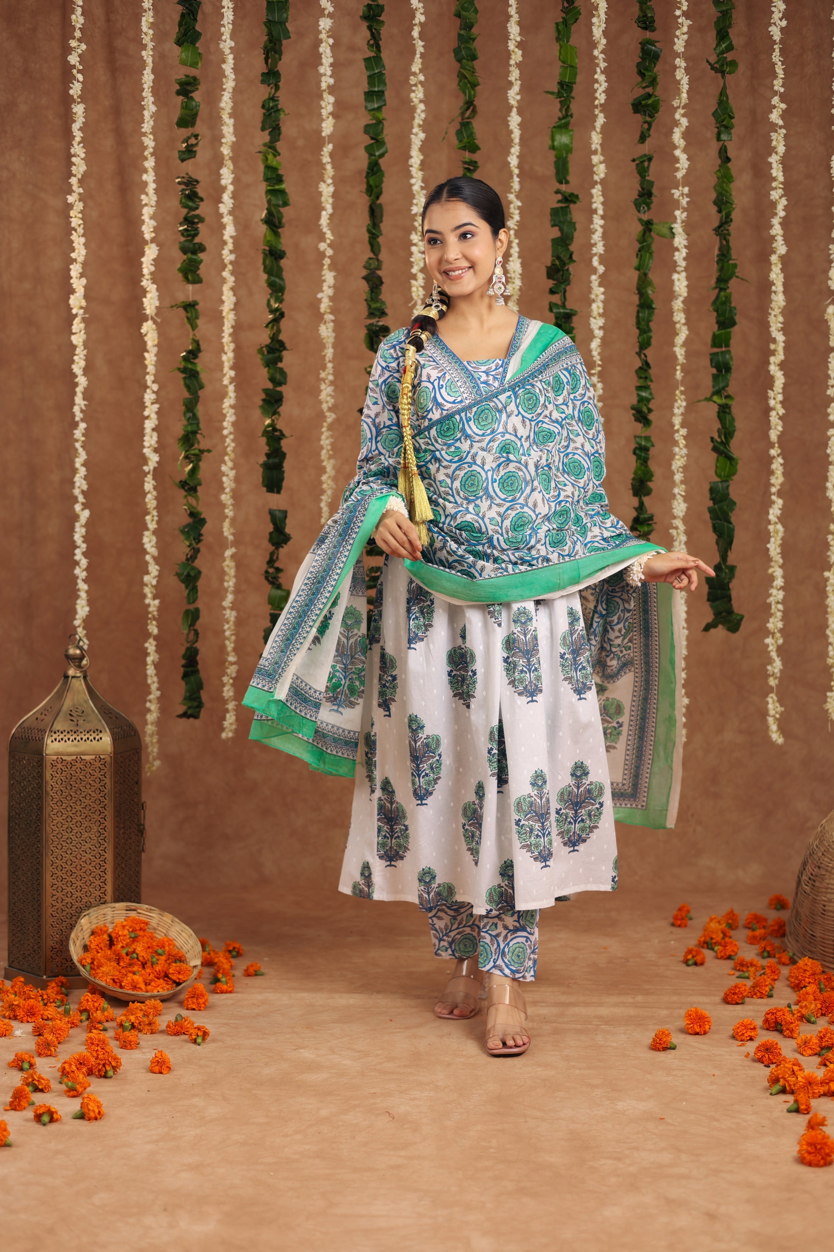 Jaipuri Printed White Blue Cotton Kurti With Pant And Dupatta For Women