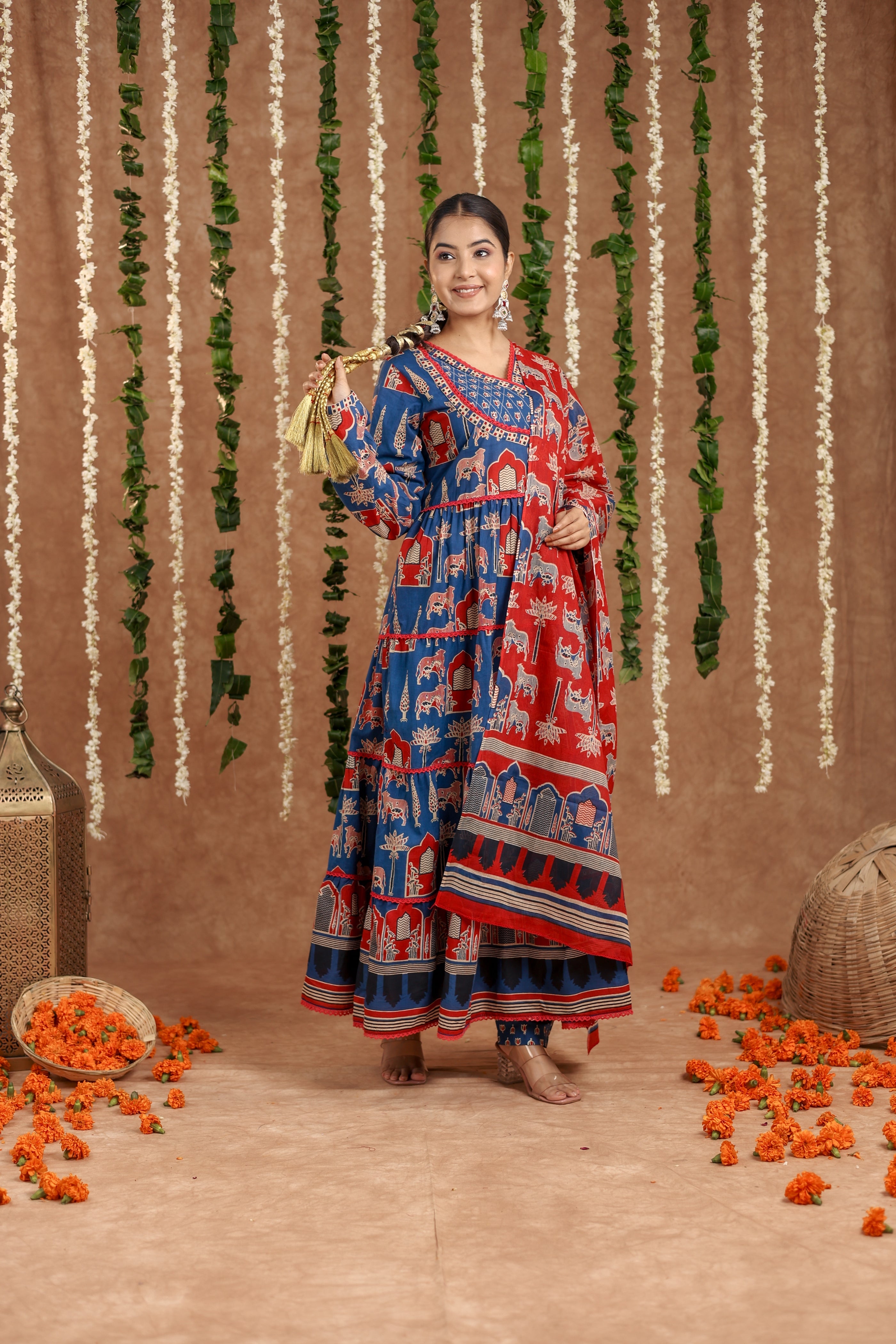 Women Angrakha Cotton Work Sequence Katha Embroidered and Crosio Lace Worked Animal Printed Kurta With Pant and Dupatta