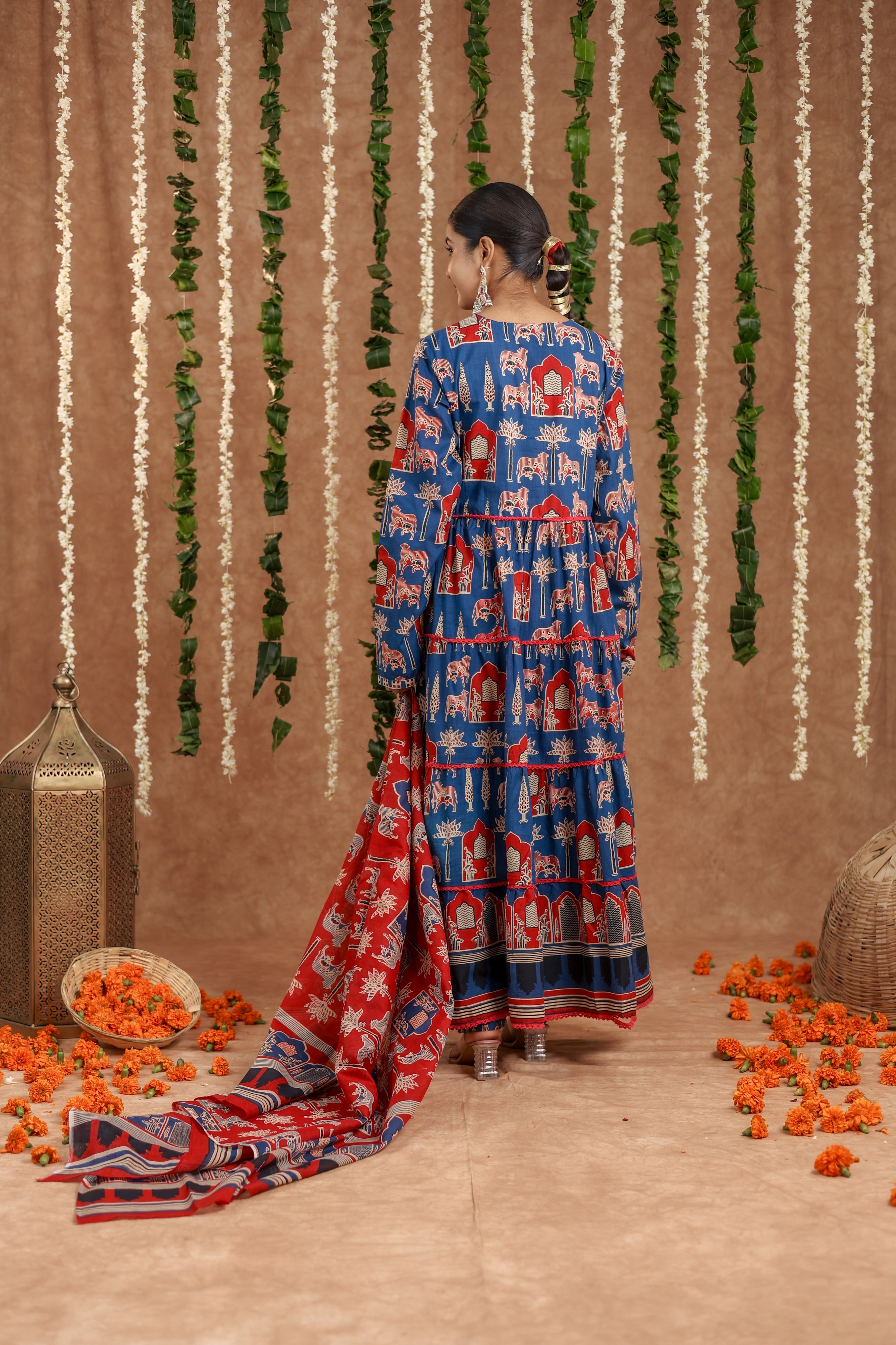 Women Angrakha Cotton Work Sequence Katha Embroidered and Crosio Lace Worked Animal Printed Kurta With Pant and Dupatta