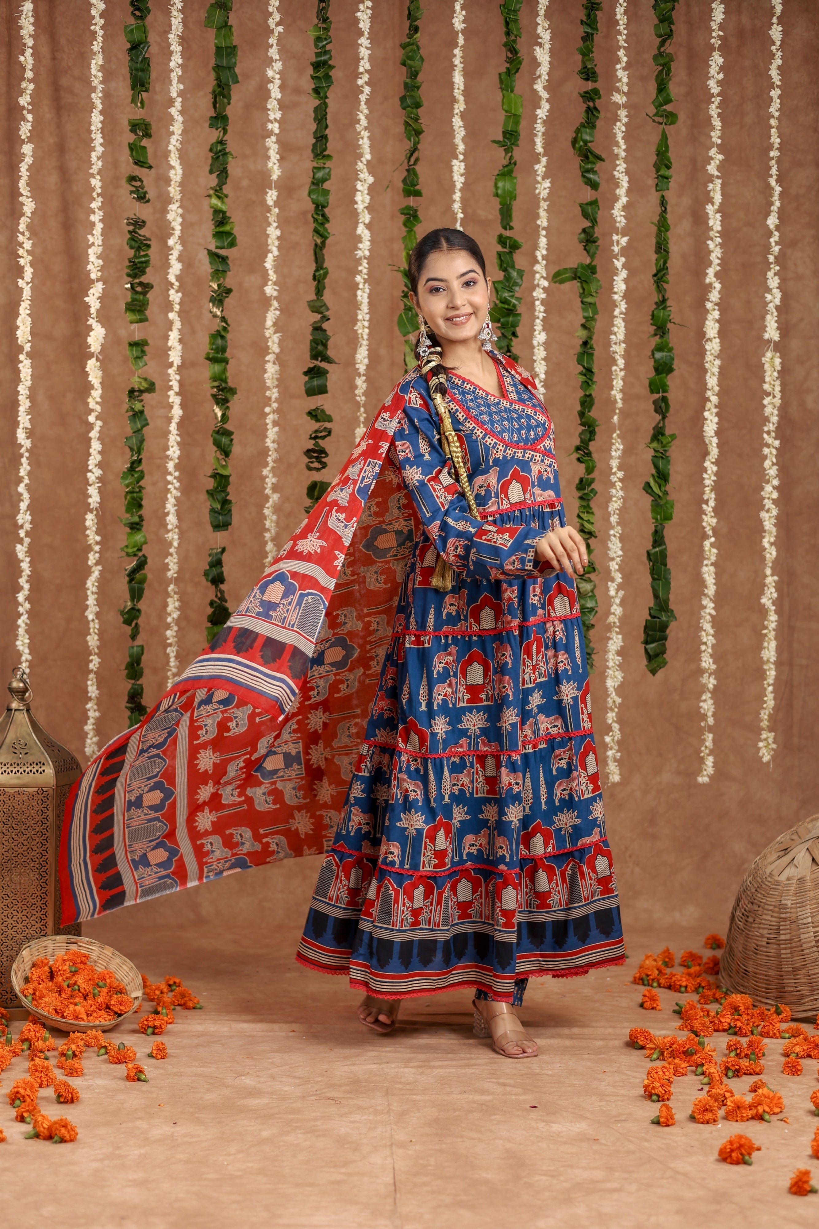 Women Angrakha Cotton Work Sequence Katha Embroidered and Crosio Lace Worked Animal Printed Kurta With Pant and Dupatta