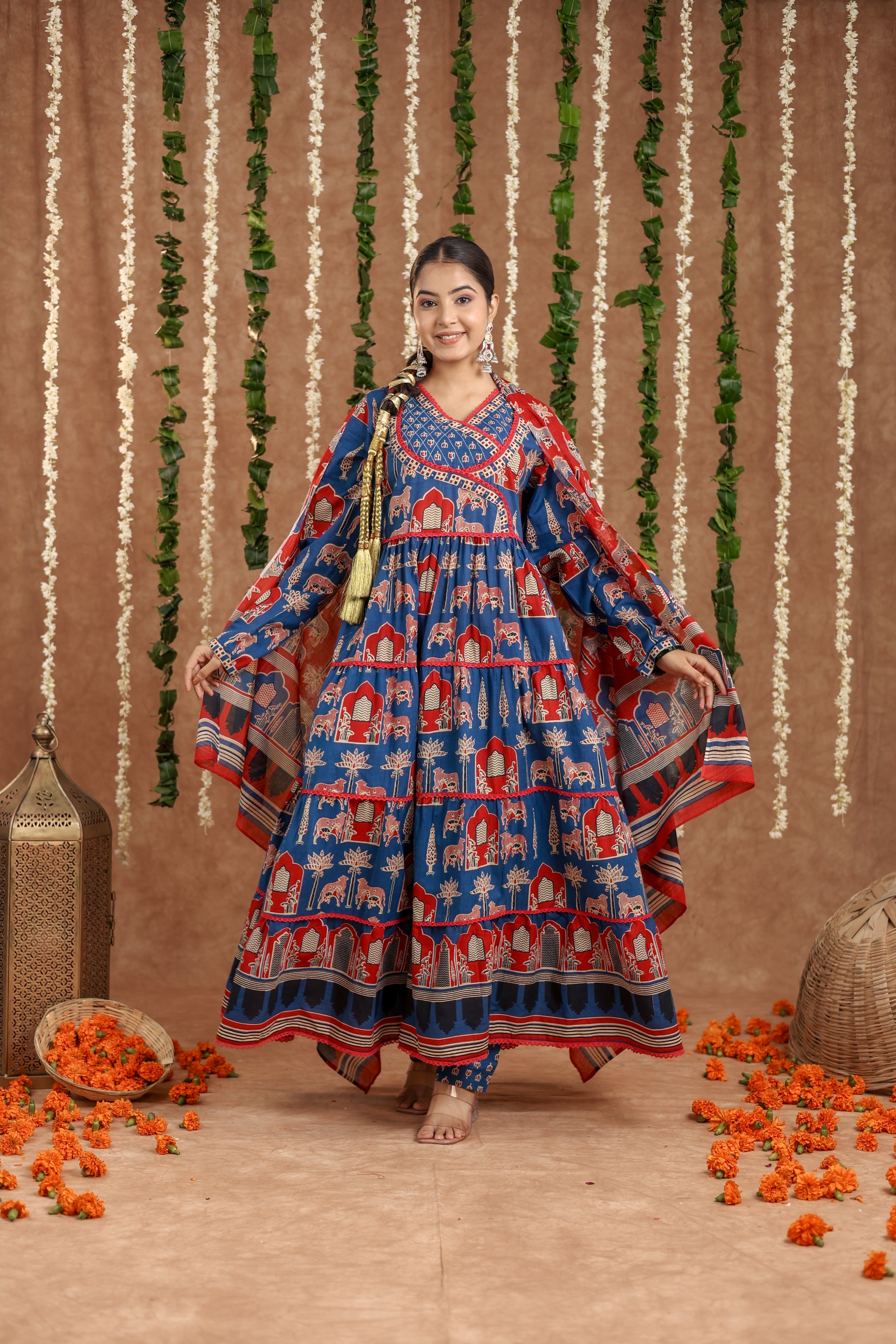 Women Angrakha Cotton Work Sequence Katha Embroidered and Crosio Lace Worked Animal Printed Kurta With Pant and Dupatta